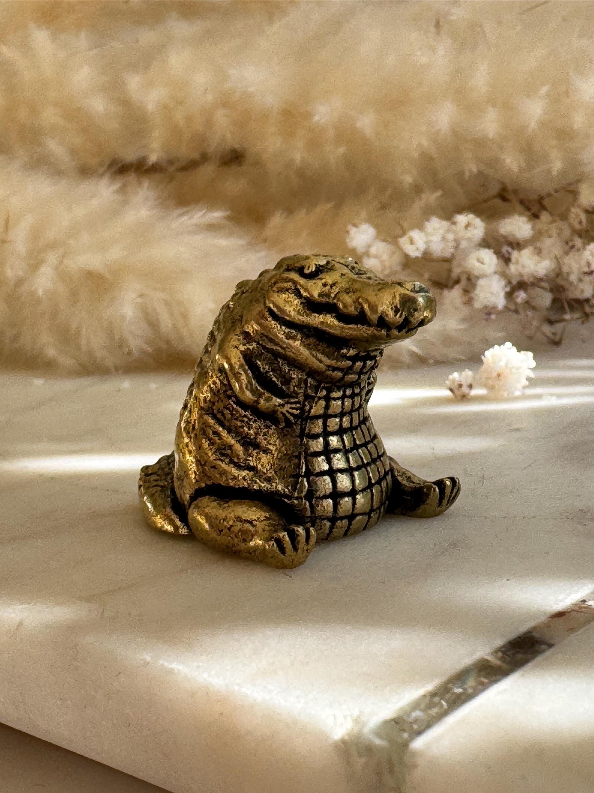 Miniature Brass Crocodile Figurine – Chubby Friendly Reptile – Small Smiling Crocodile Sculpture – Whimsical Animal Totem
