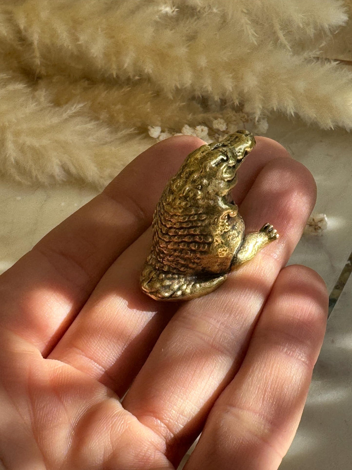 Miniature Brass Crocodile Figurine – Chubby Friendly Reptile – Small Smiling Crocodile Sculpture – Whimsical Animal Totem
