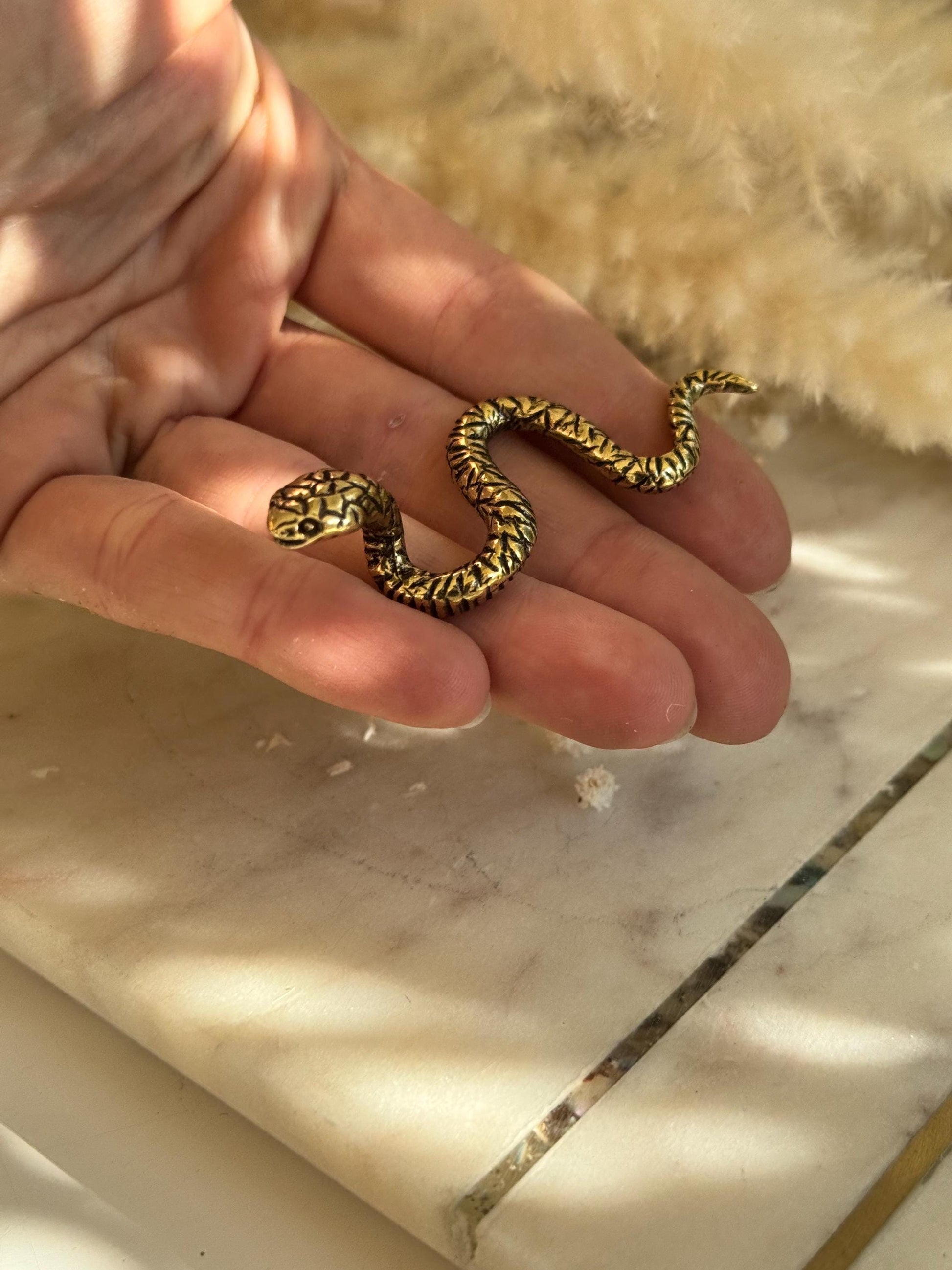 Brass Snake Figurine – Miniature Winding Serpent Sculpture – Solid Brass Animal Totem