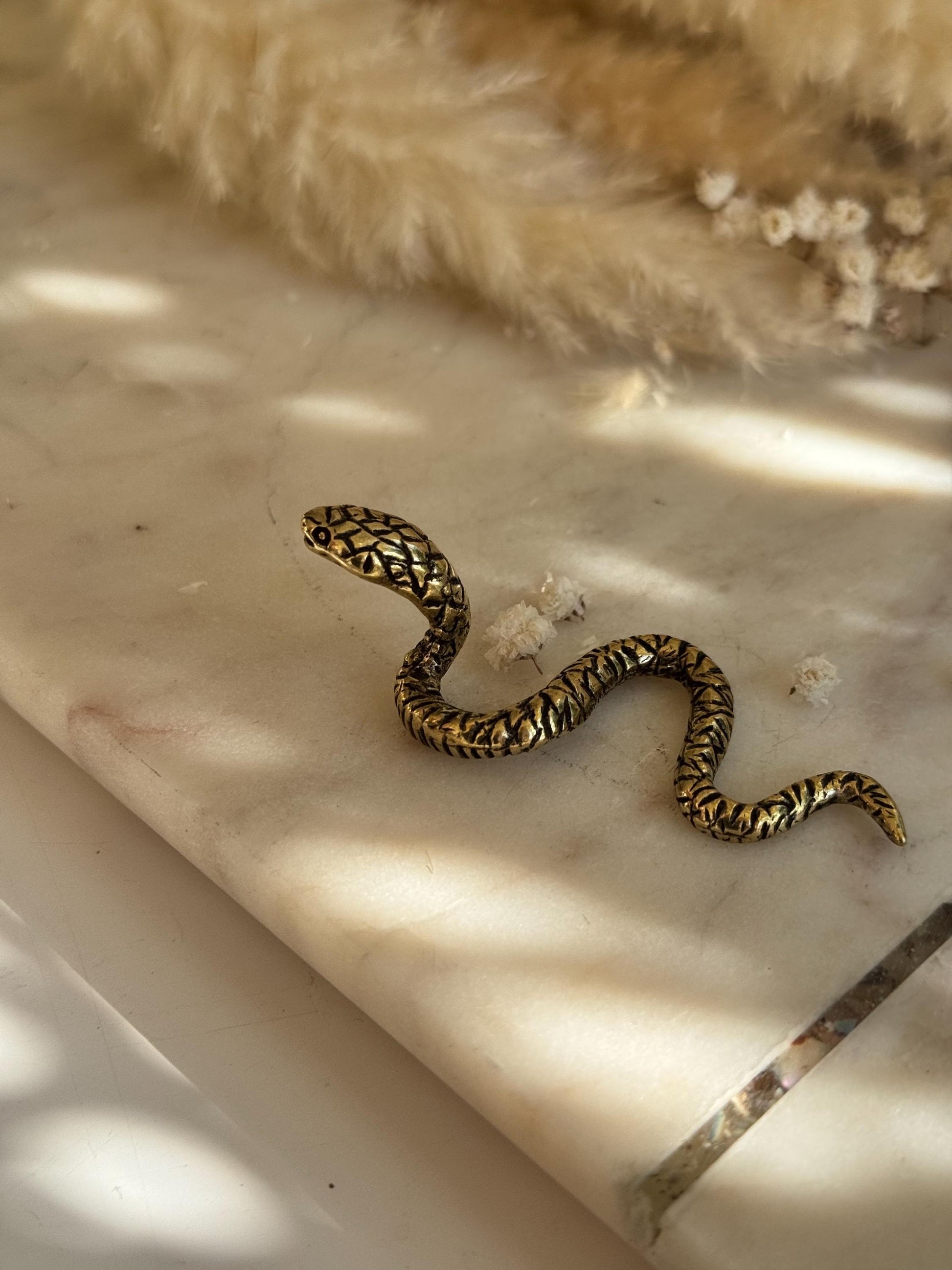 Brass Snake Figurine – Miniature Winding Serpent Sculpture – Solid Brass Animal Totem