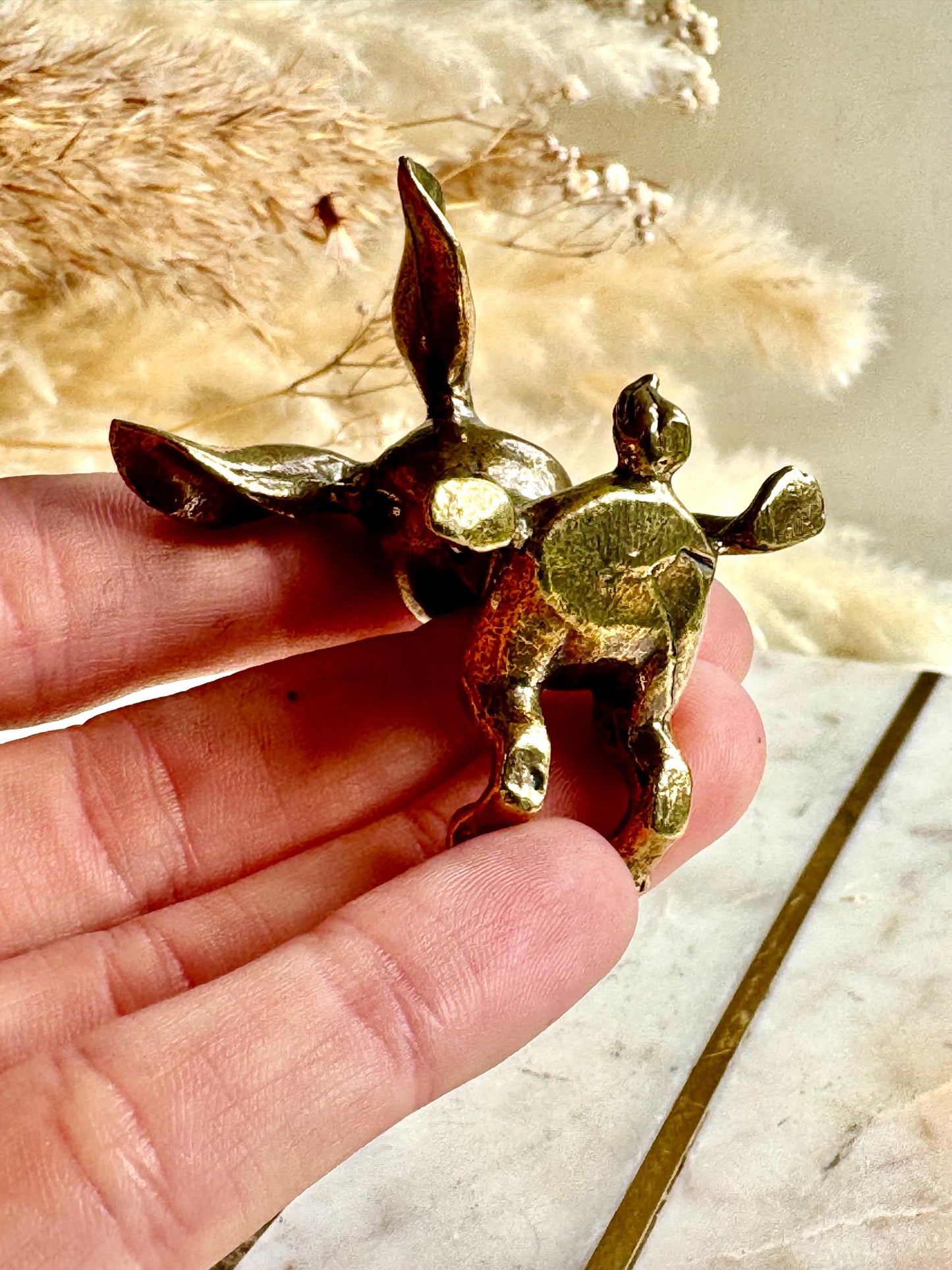 Solid Brass Bunny Figurine – Whimsical Rabbit Statue with Wide Smile and Floppy Ears – Playful Decor