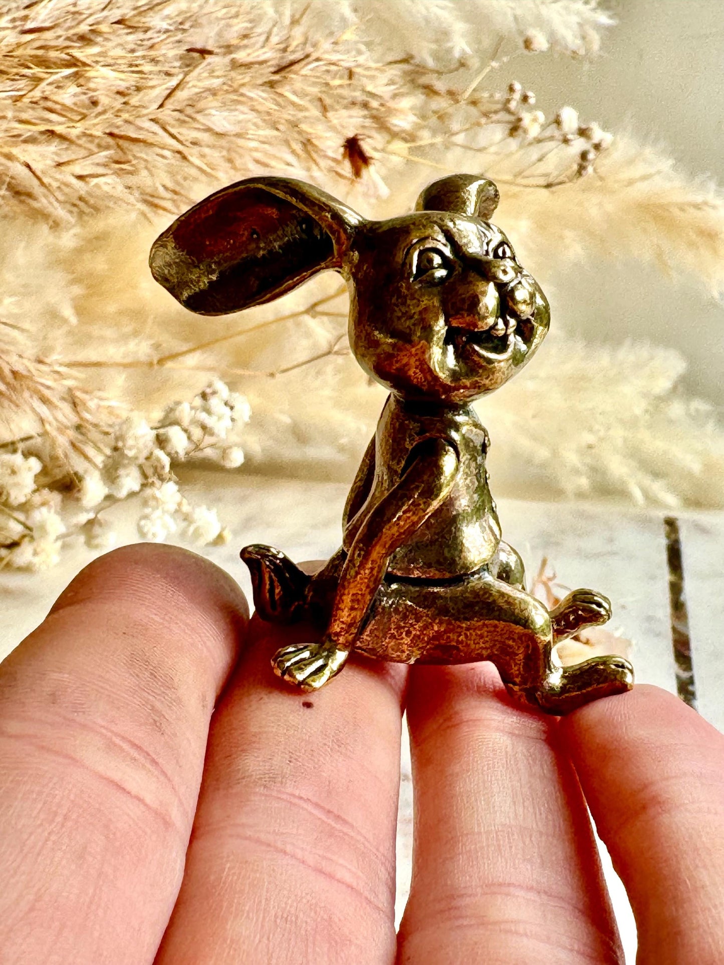 Solid Brass Bunny Figurine – Whimsical Rabbit Statue with Wide Smile and Floppy Ears – Playful Decor