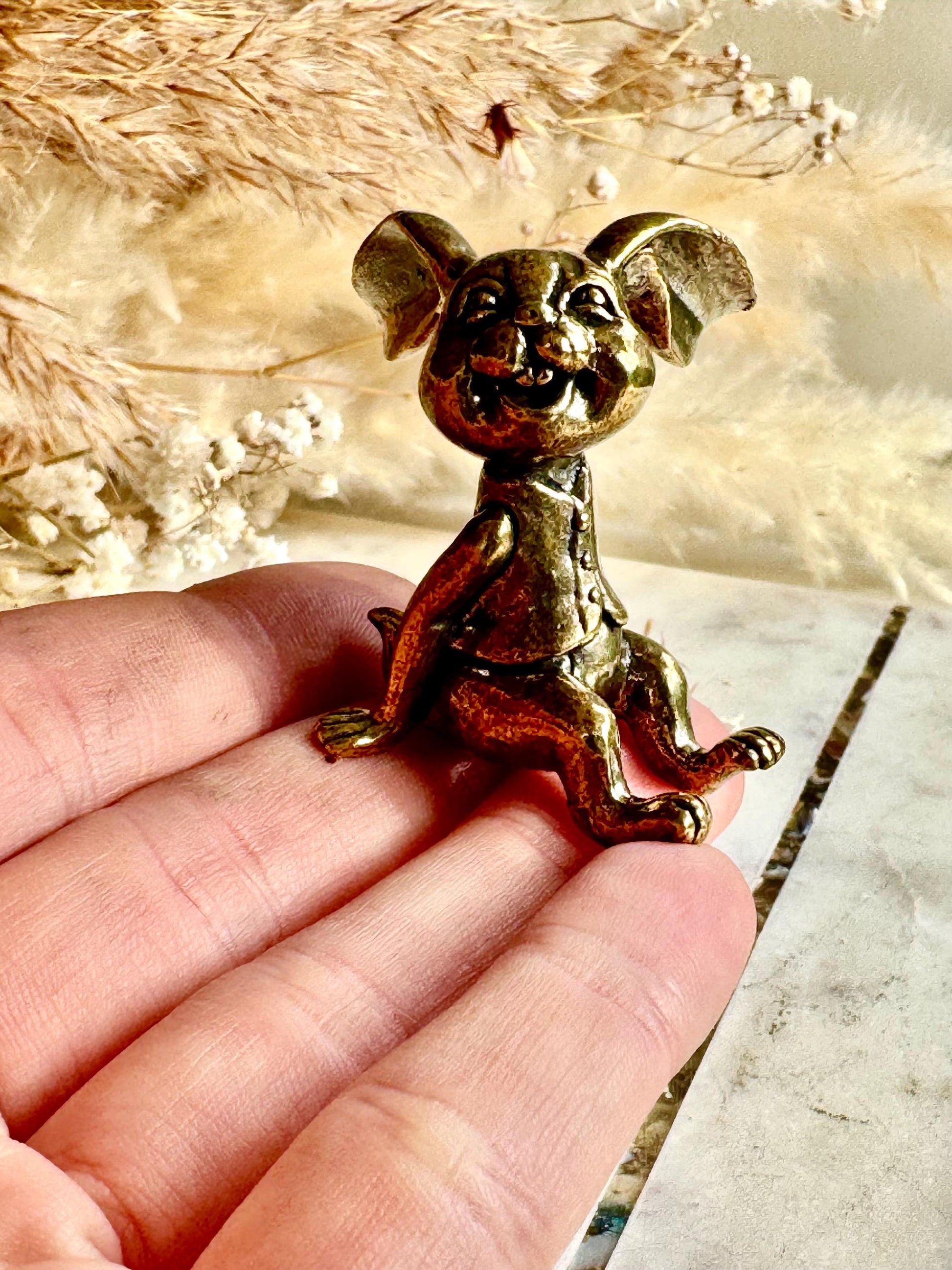 Solid Brass Bunny Figurine – Whimsical Rabbit Statue with Wide Smile and Floppy Ears – Playful Decor