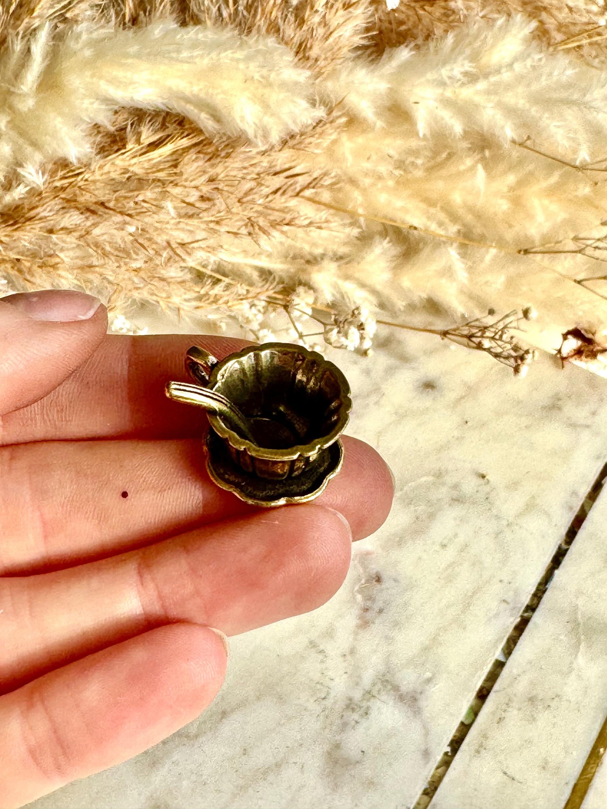 Miniature Brass Tea Cup with Saucer and Spoon
