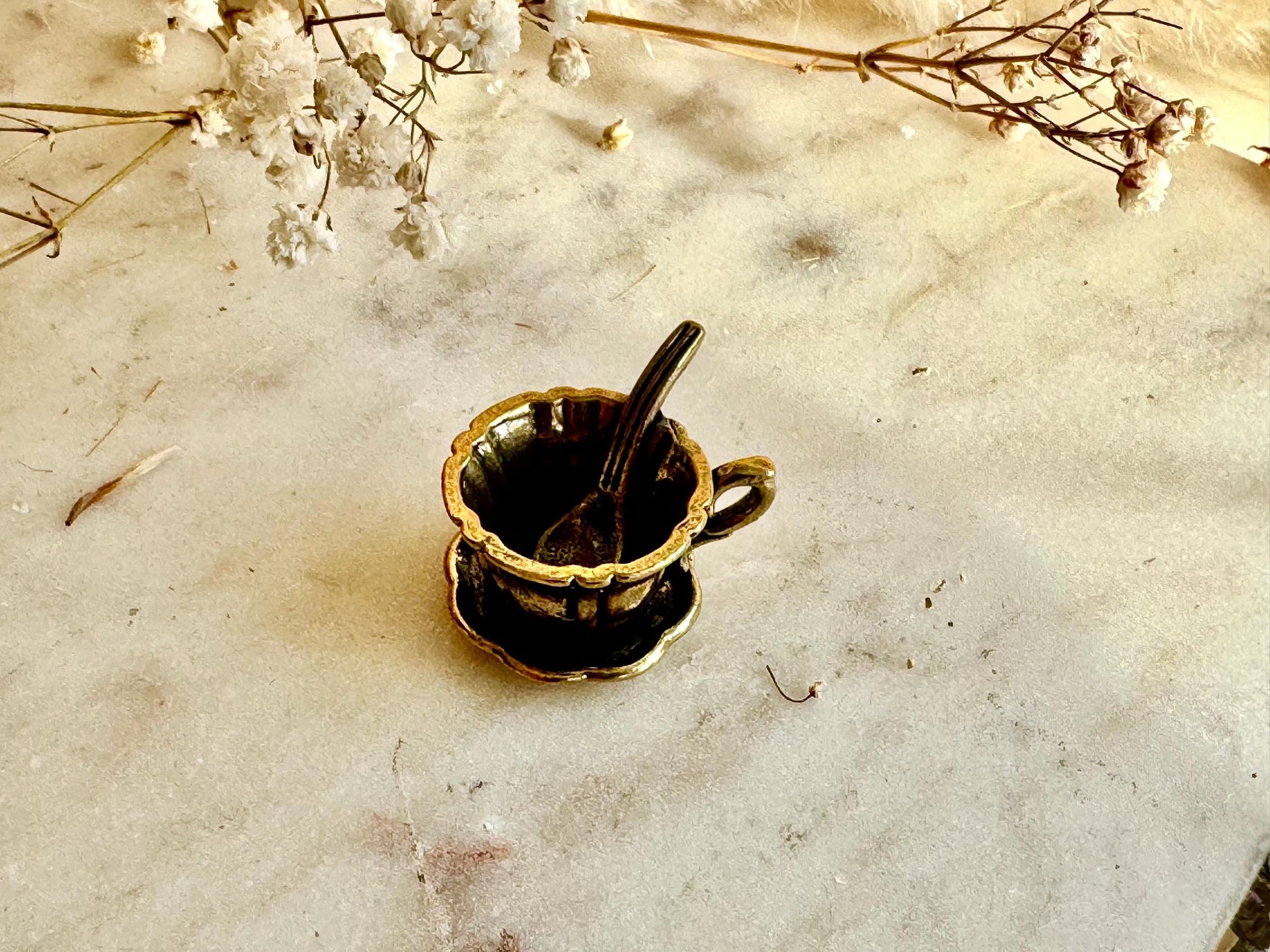 Miniature Brass Tea Cup with Saucer and Spoon