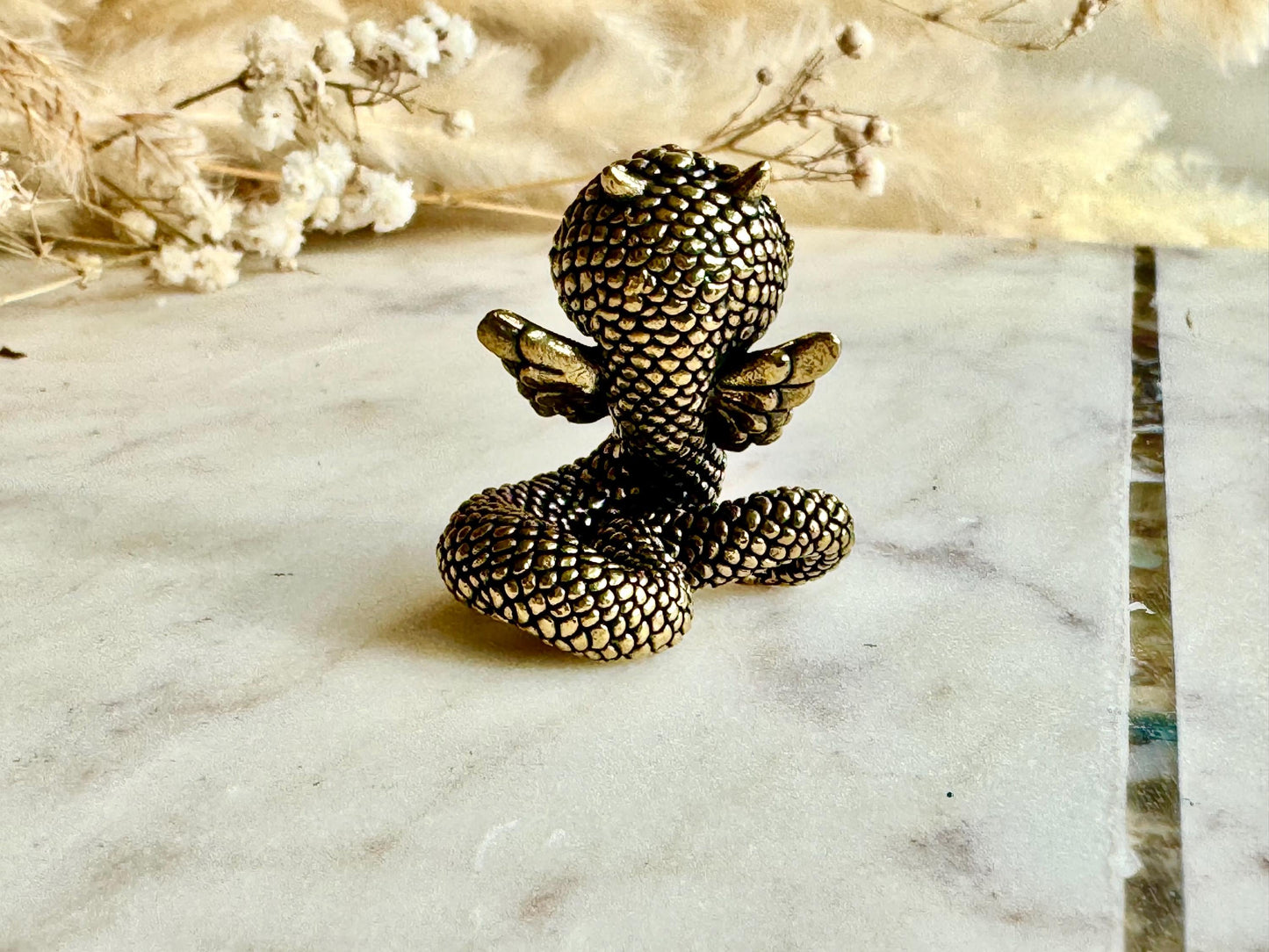 Miniature Brass Winged Dragon Snake Figurine – Whimsical Mythical Creature with Curled Tail and Scaled Detail