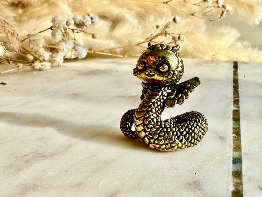 Miniature Brass Winged Dragon Snake Figurine – Whimsical Mythical Creature with Curled Tail and Scaled Detail