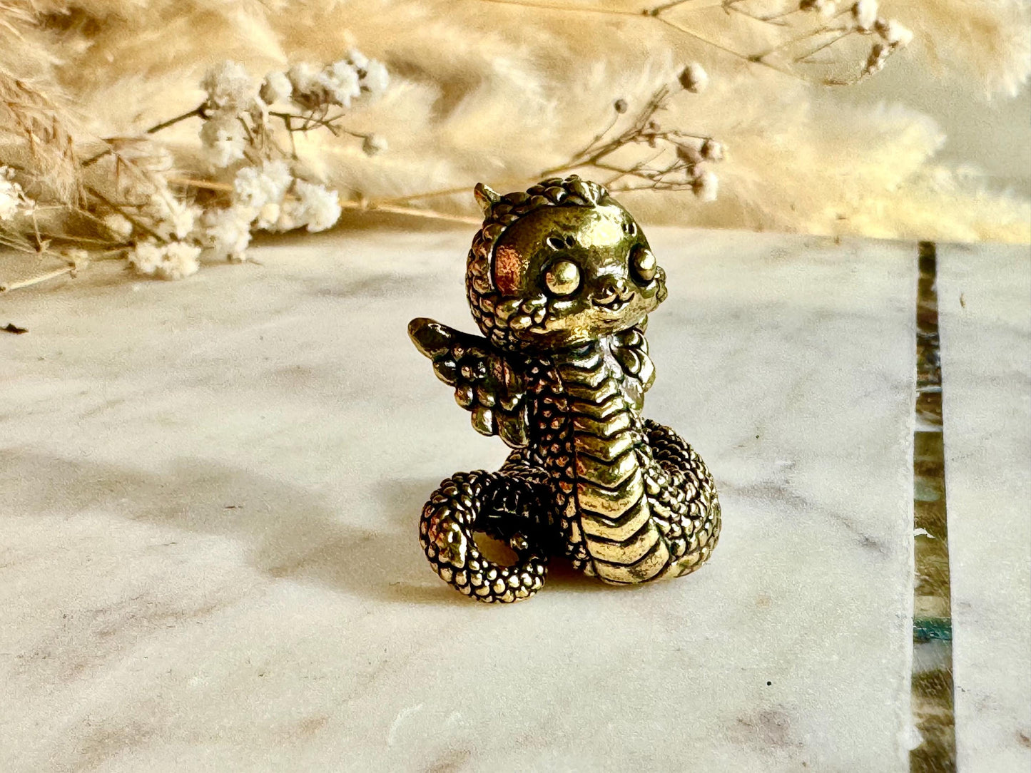 Miniature Brass Winged Dragon Snake Figurine – Whimsical Mythical Creature with Curled Tail and Scaled Detail