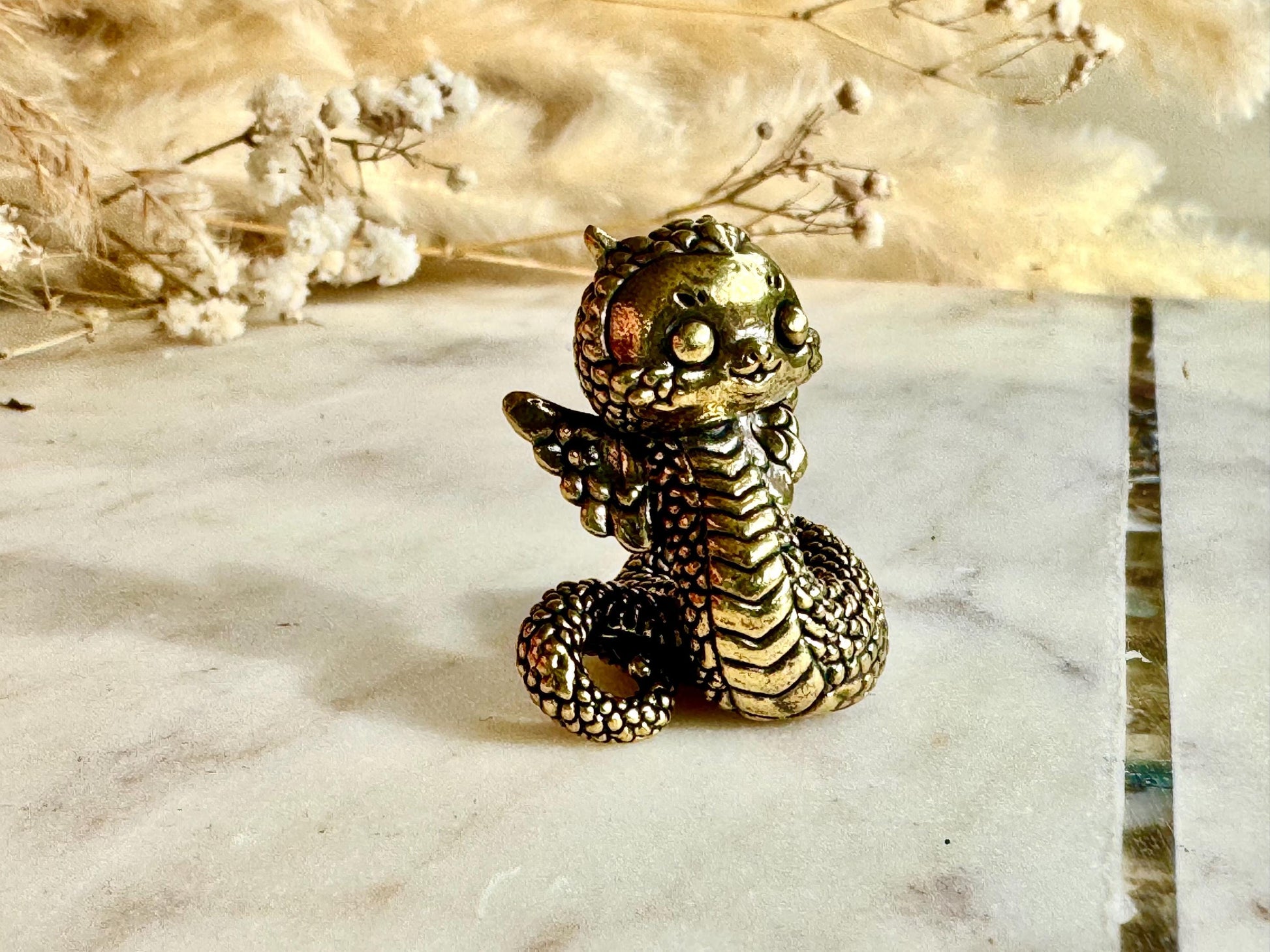 Miniature Brass Winged Dragon Snake Figurine – Whimsical Mythical Creature with Curled Tail and Scaled Detail