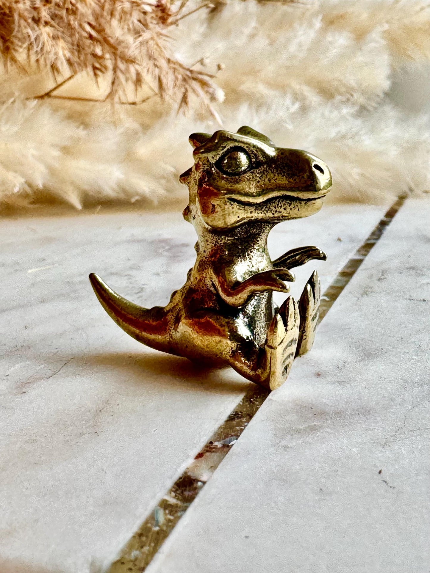 Solid Brass Baby Dinosaur Figurine – Miniature Prehistoric Animal Sculpture – Tiny Dino Totem – Brass Reptile