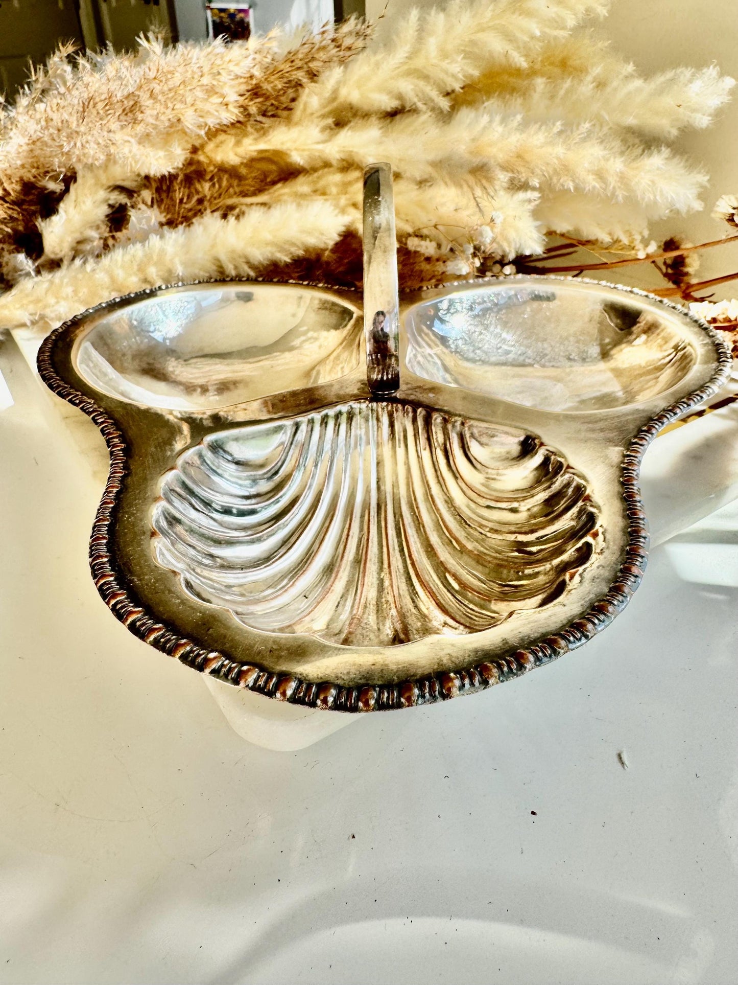 Vintage English Silver-Plated Shell Dish by Yeoman – Triple Section Serving Tray – Made in England – Ornate Coastal Design – Silver on Coppe