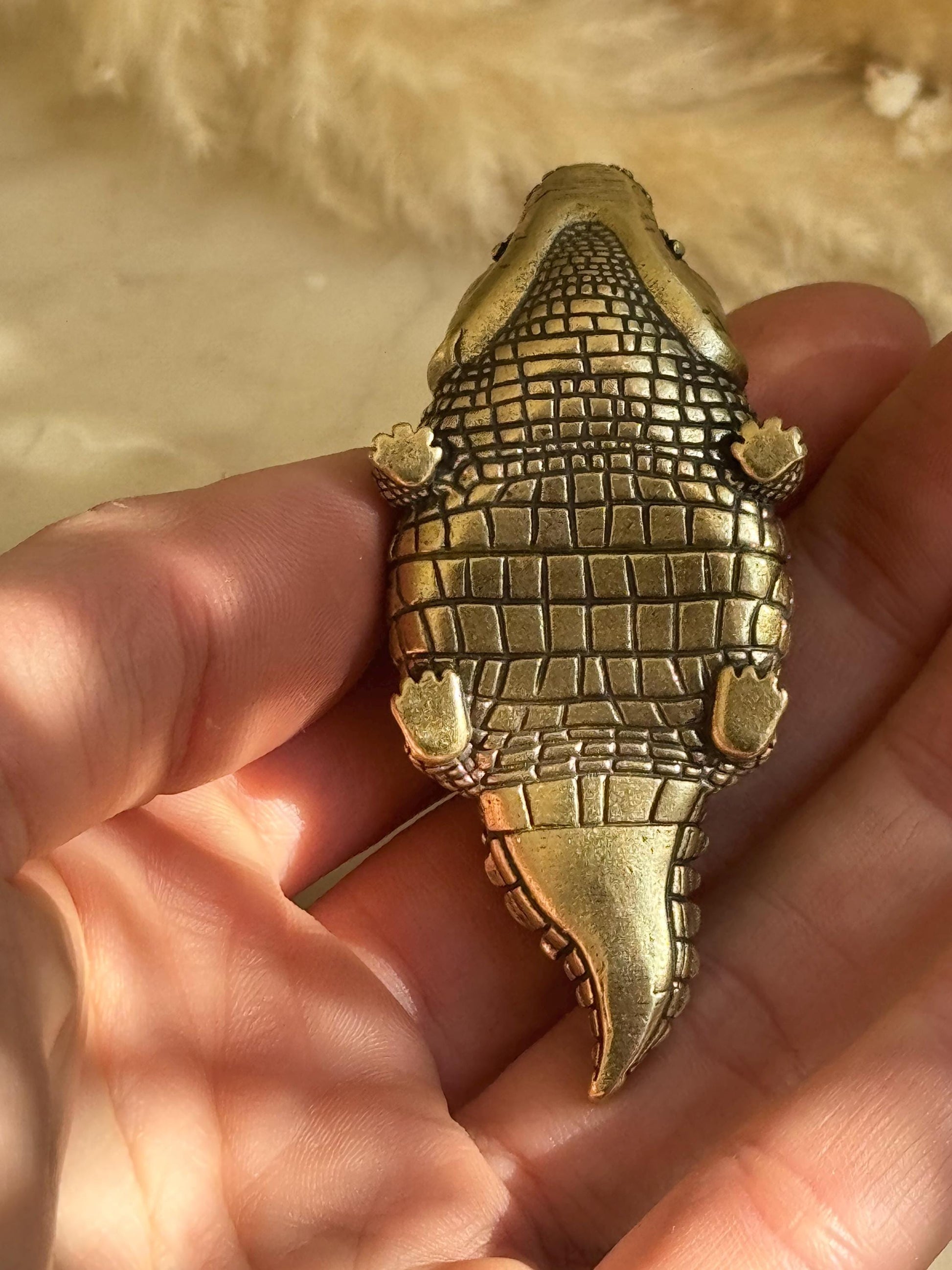 Smiling Mini Solid Brass Crocodile – Tiny Cheerful Desk Buddy, Pocket Totem Figurine, mini metal crocodile figurine