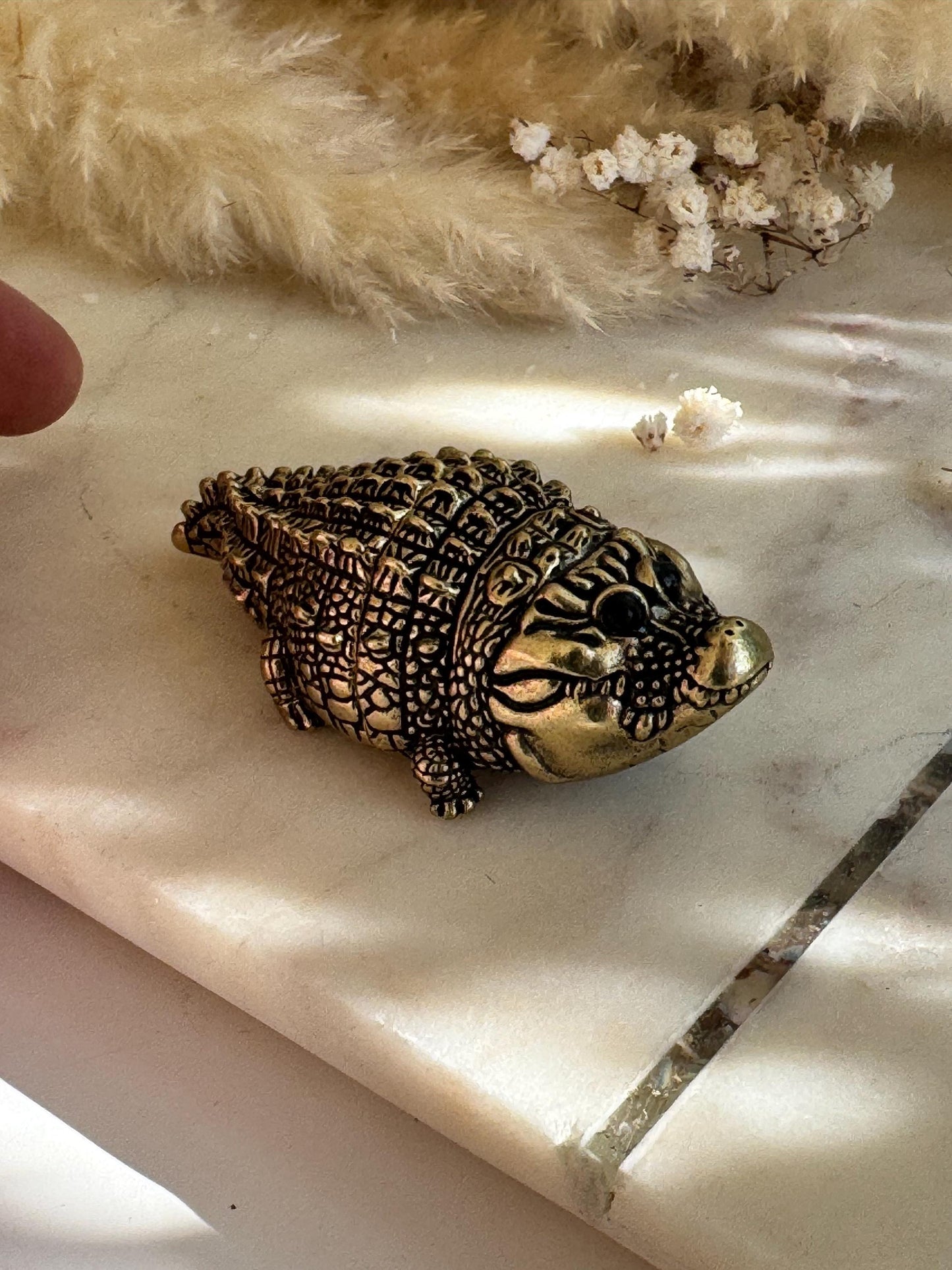 Smiling Mini Solid Brass Crocodile – Tiny Cheerful Desk Buddy, Pocket Totem Figurine, mini metal crocodile figurine