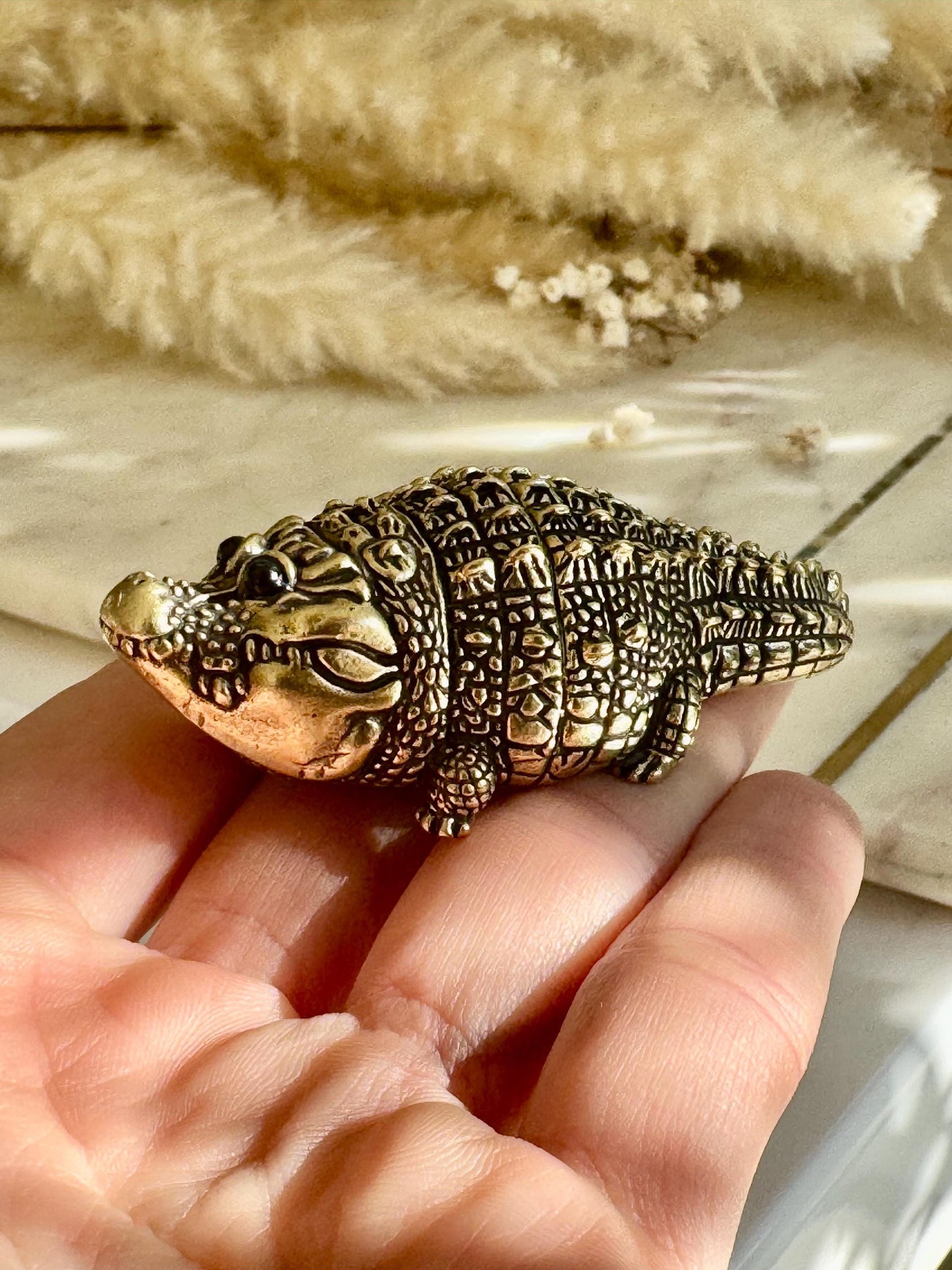 Smiling Mini Solid Brass Crocodile – Tiny Cheerful Desk Buddy, Pocket Totem Figurine, mini metal crocodile figurine