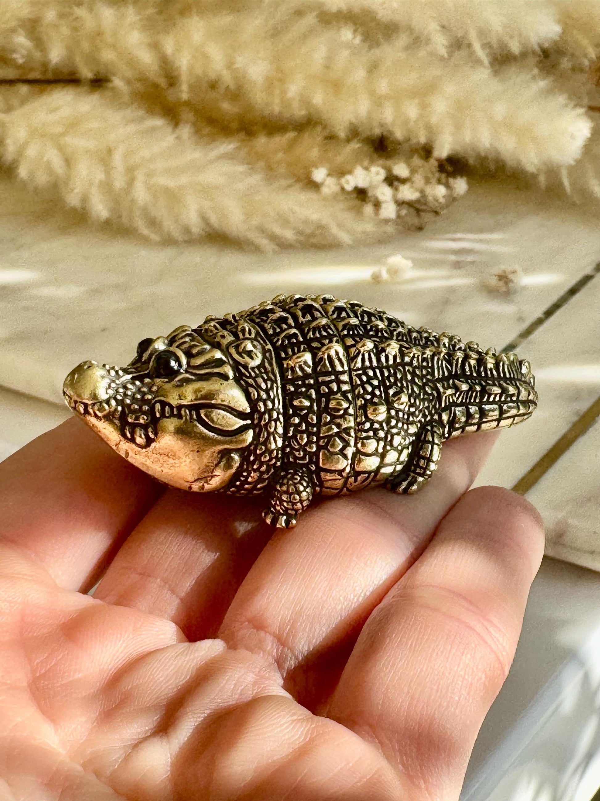 Smiling Mini Solid Brass Crocodile – Tiny Cheerful Desk Buddy, Pocket Totem Figurine, mini metal crocodile figurine