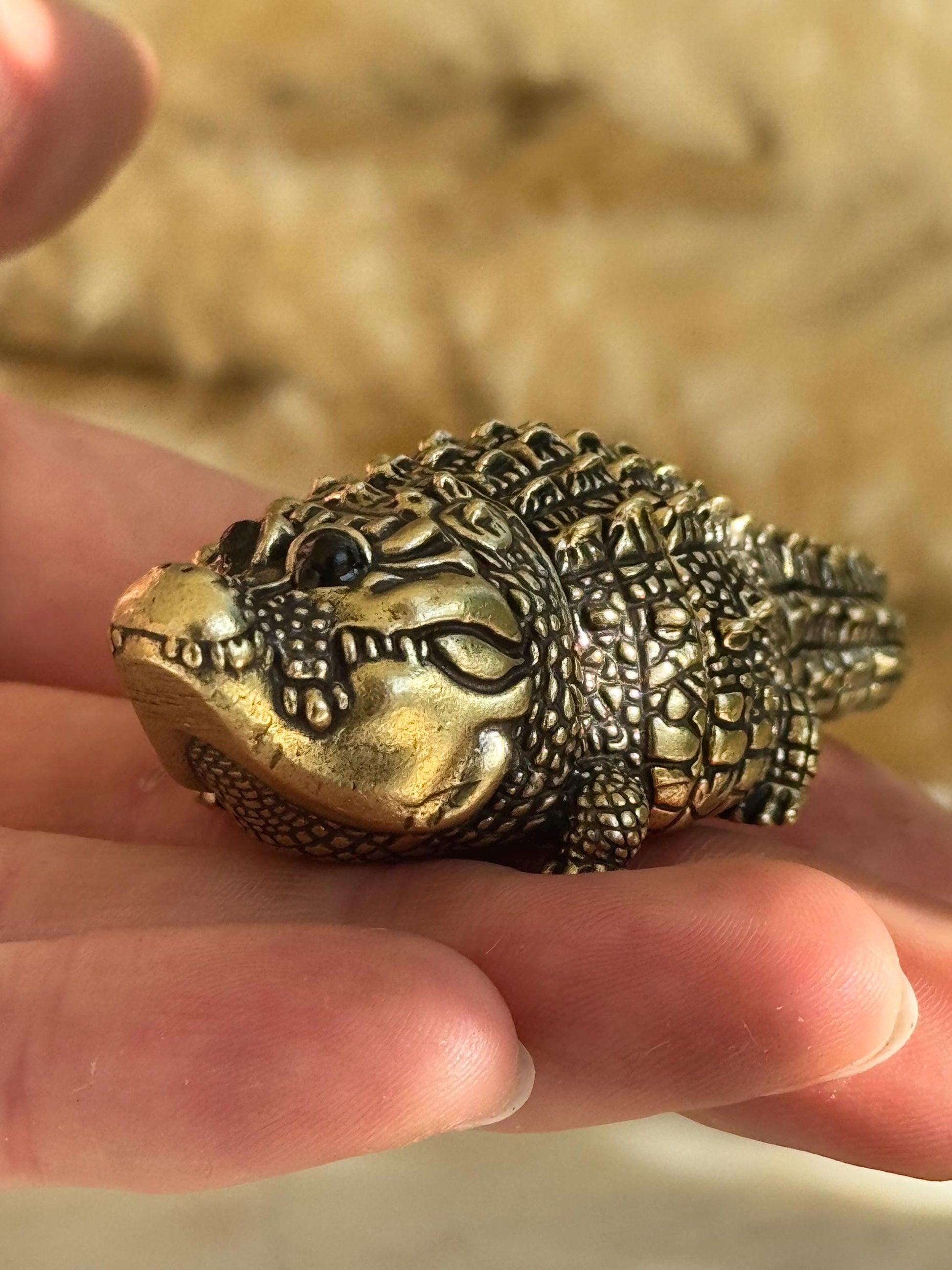Smiling Mini Solid Brass Crocodile – Tiny Cheerful Desk Buddy, Pocket Totem Figurine, mini metal crocodile figurine