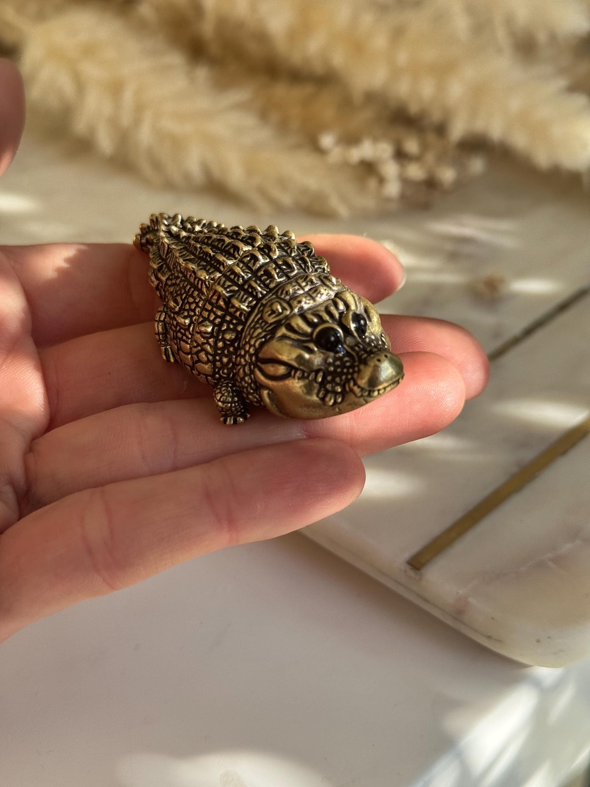 Smiling Mini Solid Brass Crocodile – Tiny Cheerful Desk Buddy, Pocket Totem Figurine, mini metal crocodile figurine