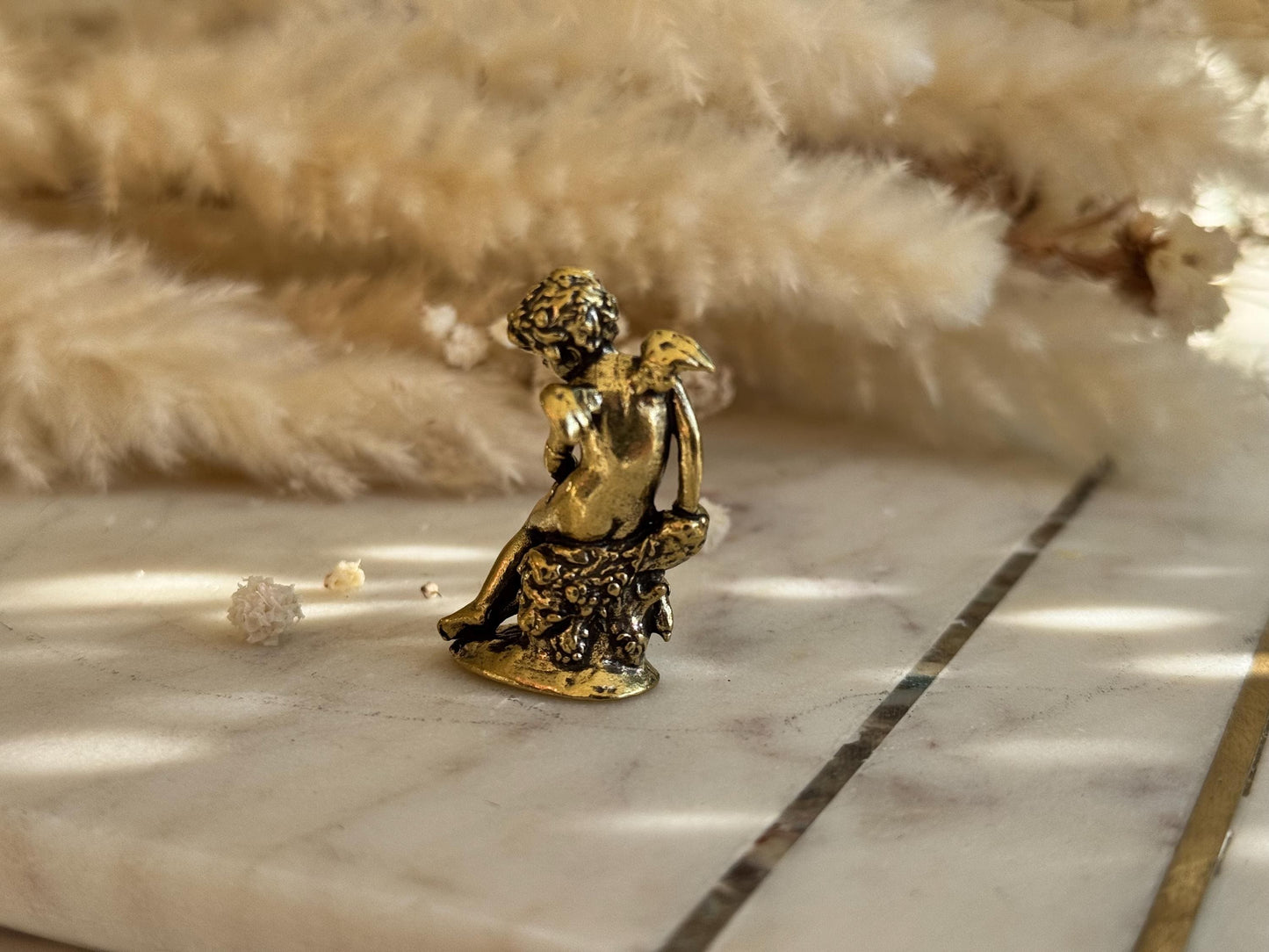 Miniature Brass Angel Figurine, Romantic Cherub Sitting on a Rock, Tiny Guardian Angel Statue, Home Decor