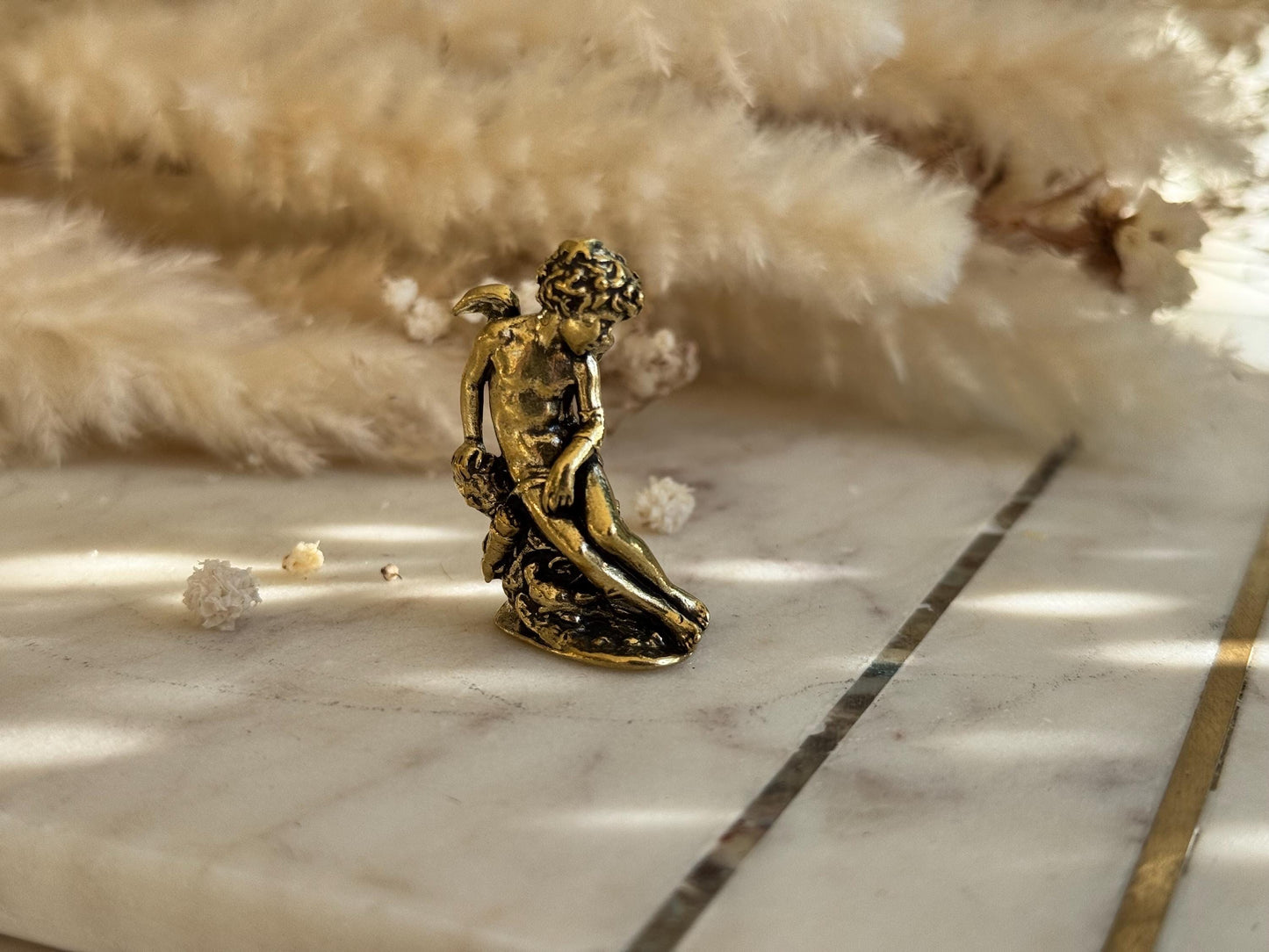 Miniature Brass Angel Figurine, Romantic Cherub Sitting on a Rock, Tiny Guardian Angel Statue, Home Decor