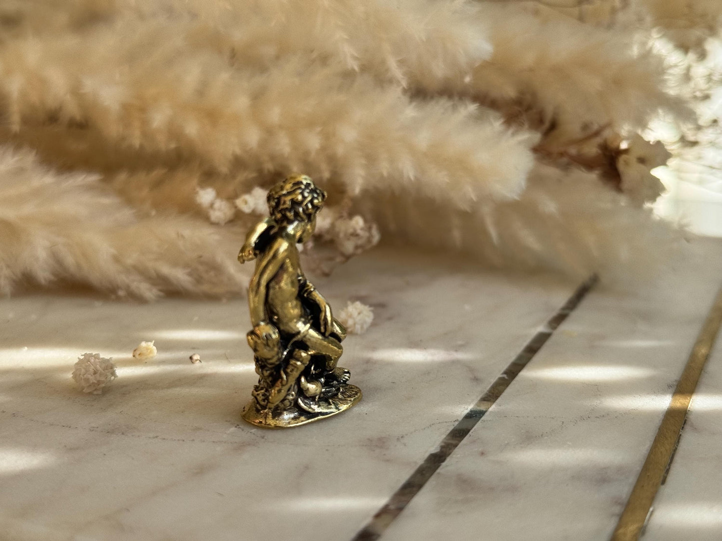 Miniature Brass Angel Figurine, Romantic Cherub Sitting on a Rock, Tiny Guardian Angel Statue, Home Decor