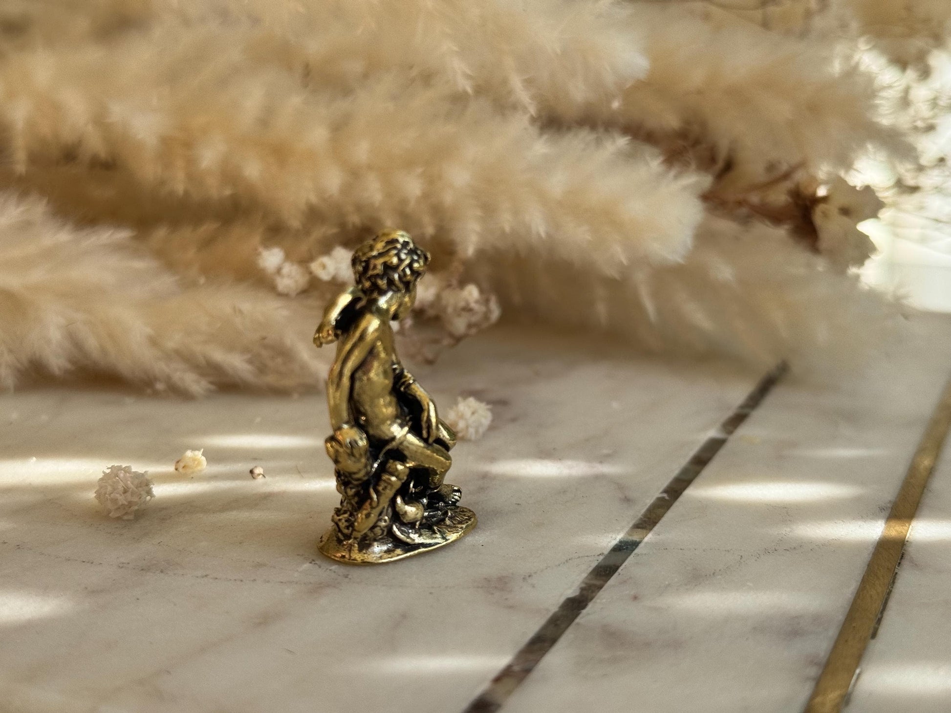 Miniature Brass Angel Figurine, Romantic Cherub Sitting on a Rock, Tiny Guardian Angel Statue, Home Decor