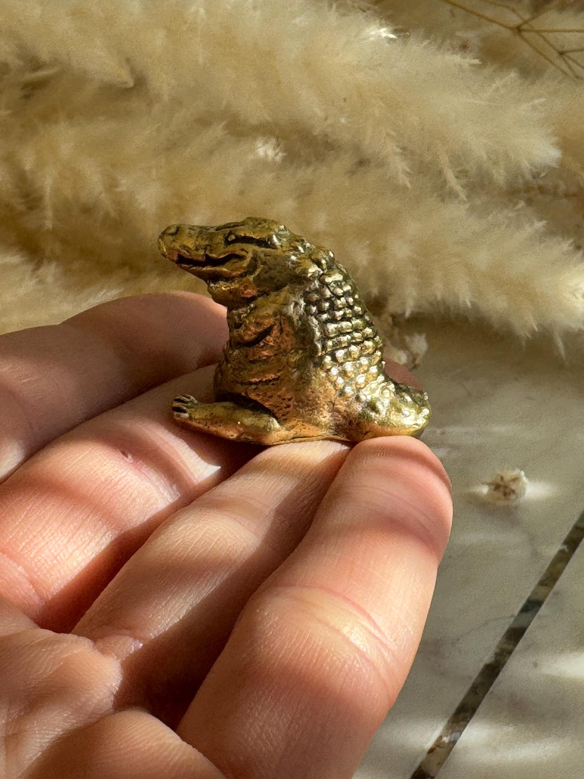 Miniature Brass Crocodile Figurine – Chubby Friendly Reptile – Small Smiling Crocodile Sculpture – Whimsical Animal Totem