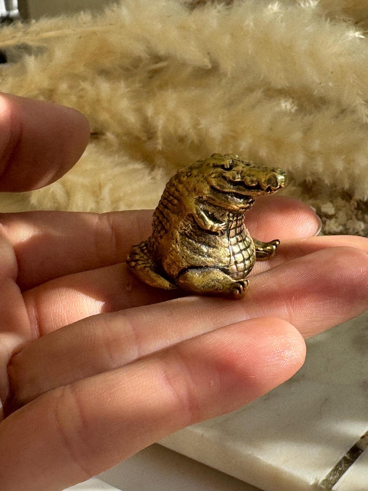 Miniature Brass Crocodile Figurine – Chubby Friendly Reptile – Small Smiling Crocodile Sculpture – Whimsical Animal Totem