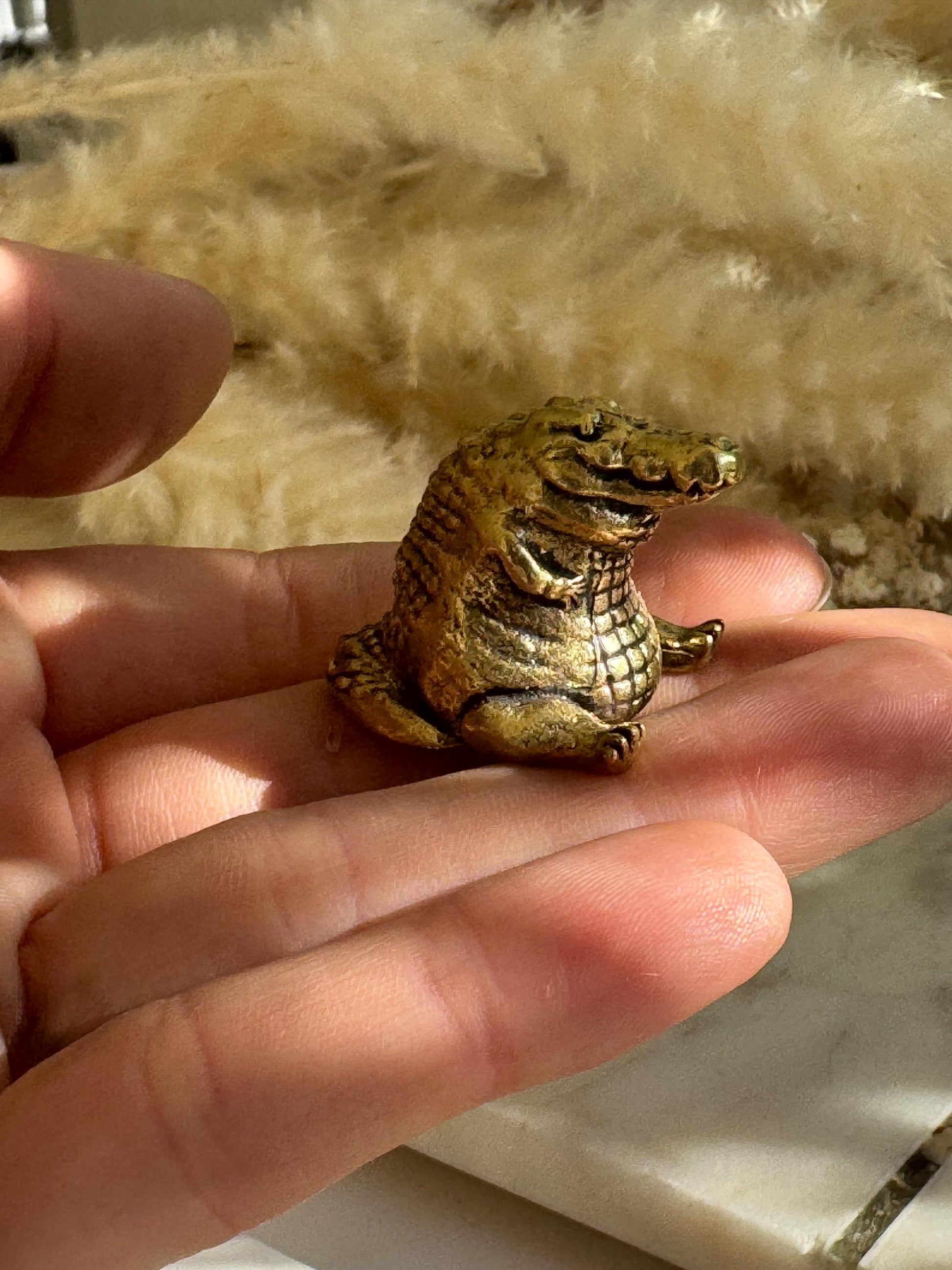 Miniature Brass Crocodile Figurine – Chubby Friendly Reptile – Small Smiling Crocodile Sculpture – Whimsical Animal Totem