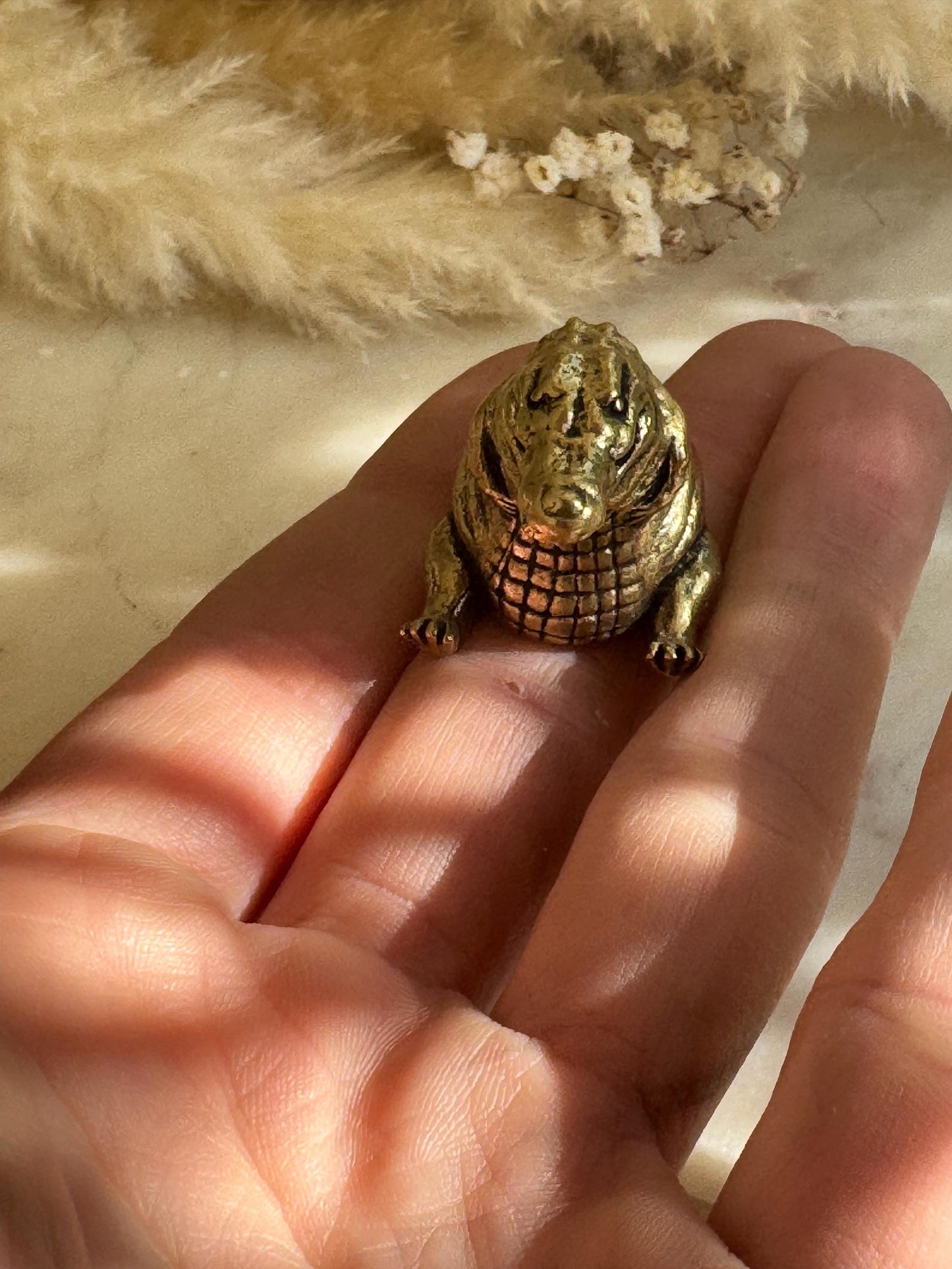 Miniature Brass Crocodile Figurine – Chubby Friendly Reptile – Small Smiling Crocodile Sculpture – Whimsical Animal Totem