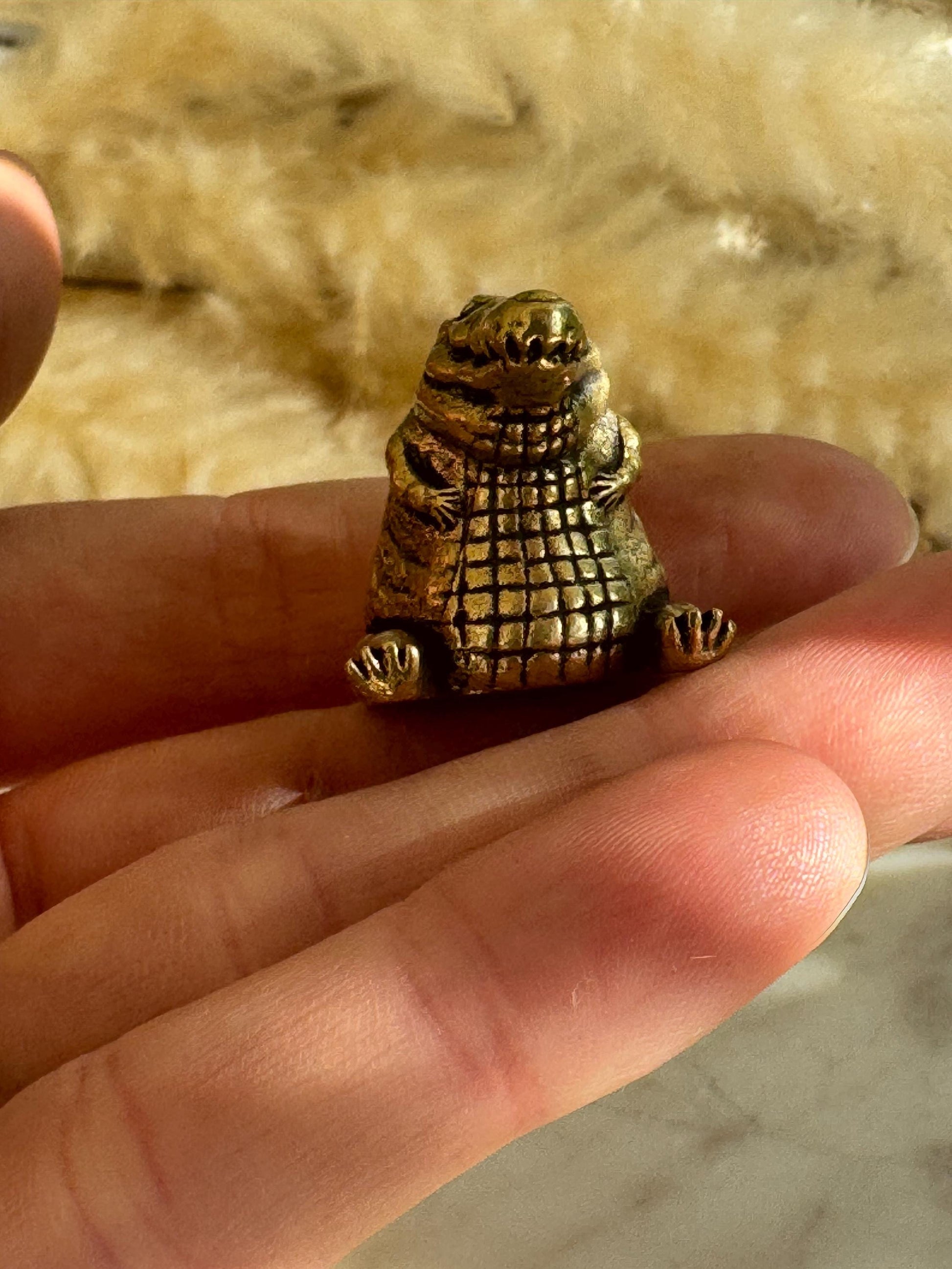 Miniature Brass Crocodile Figurine – Chubby Friendly Reptile – Small Smiling Crocodile Sculpture – Whimsical Animal Totem