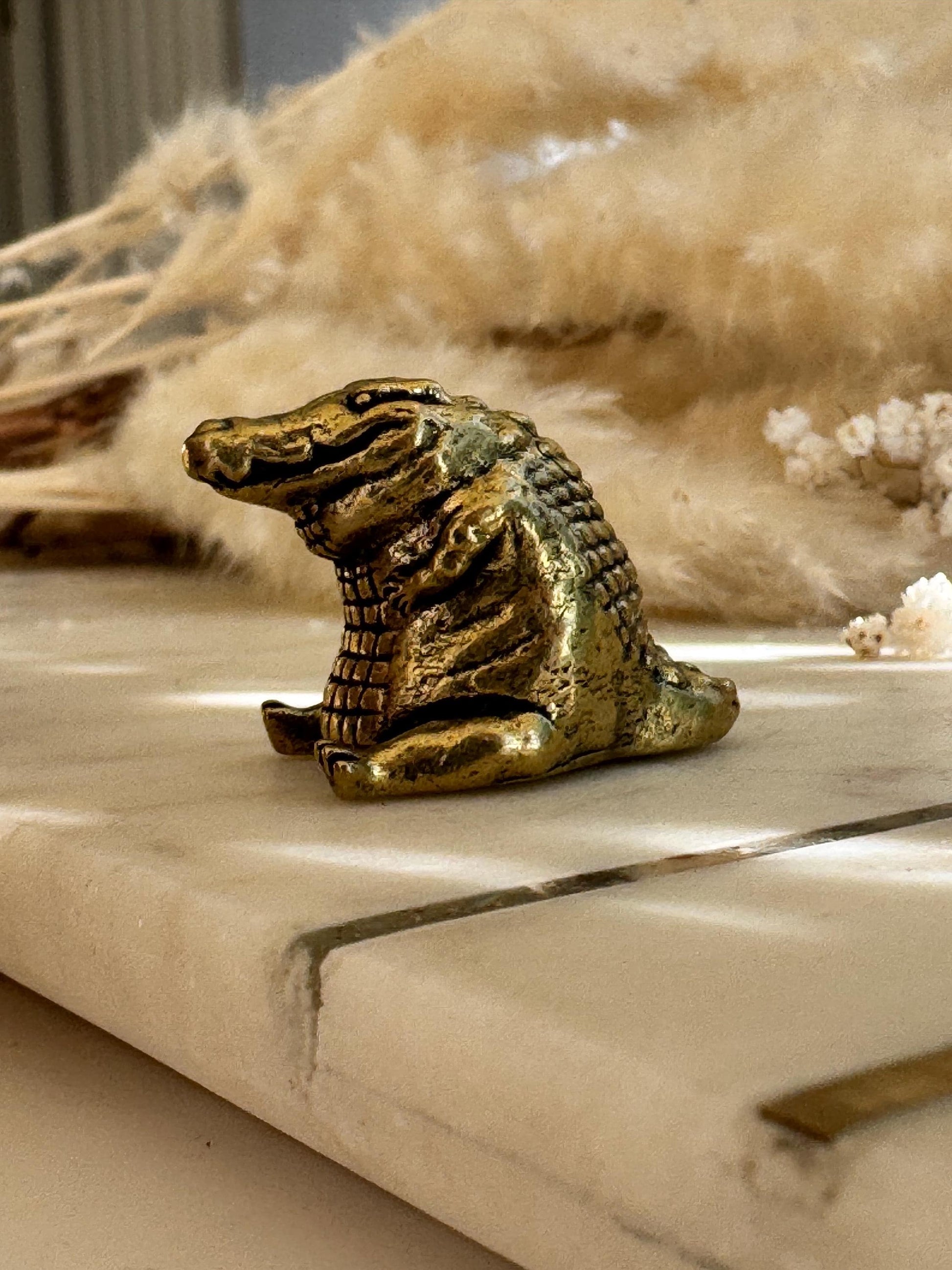 Miniature Brass Crocodile Figurine – Chubby Friendly Reptile – Small Smiling Crocodile Sculpture – Whimsical Animal Totem
