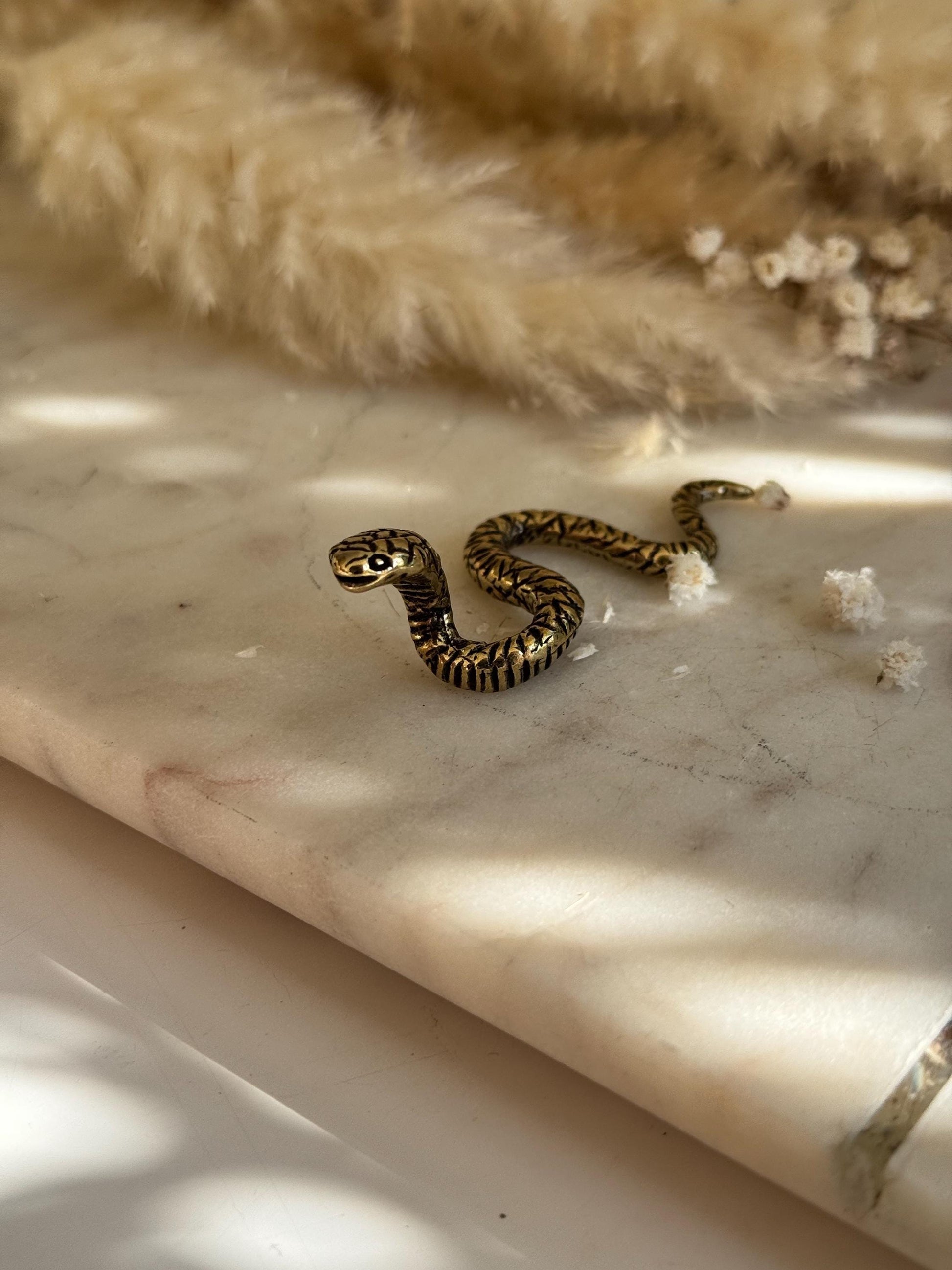 Brass Snake Figurine – Miniature Winding Serpent Sculpture – Solid Brass Animal Totem