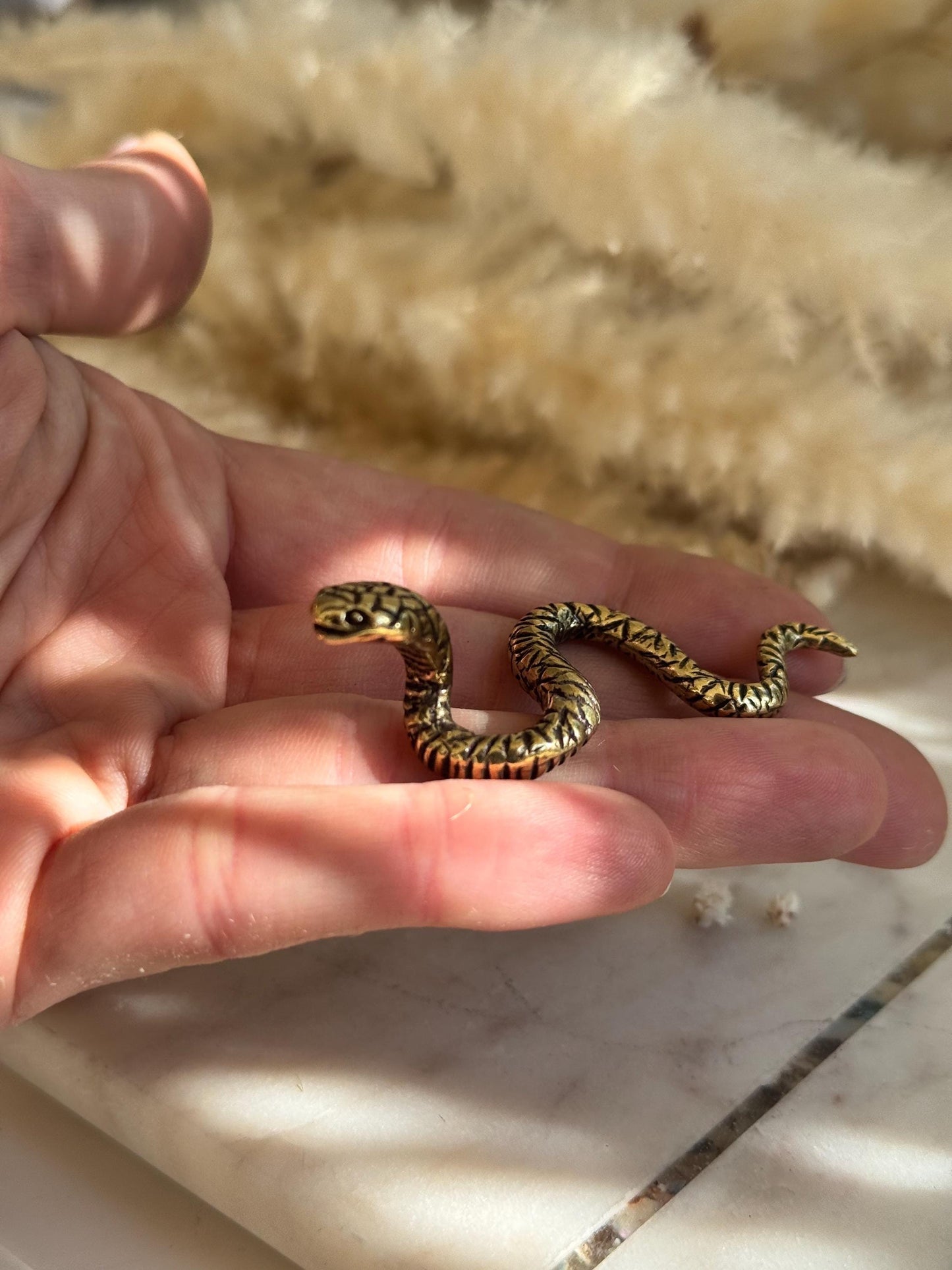 Brass Snake Figurine – Miniature Winding Serpent Sculpture – Solid Brass Animal Totem