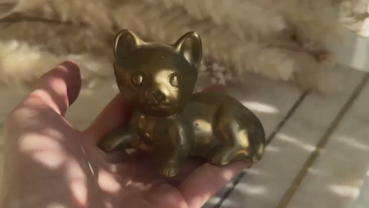 Solid Brass Kitten Figurine – Playful Vintage- Cat Sculpture, Small Brass Cat Paperweight