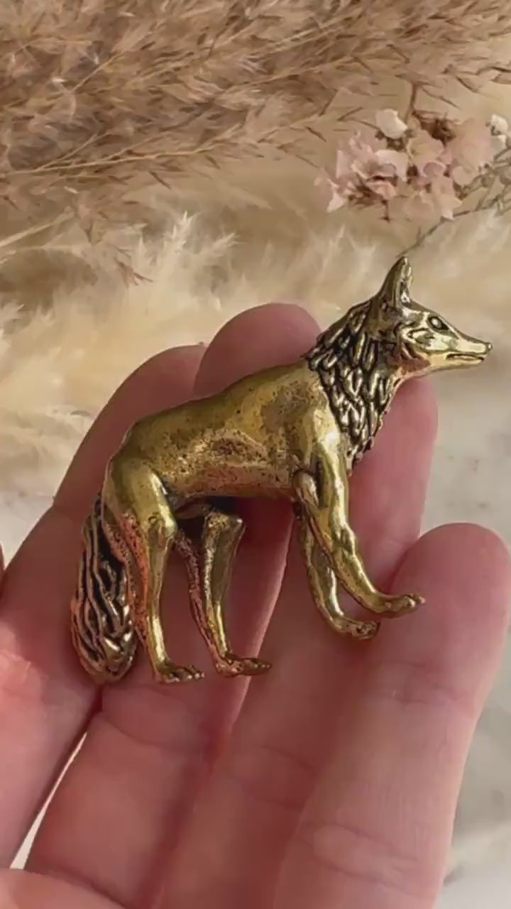Fine statuette of grey fox, solid brass fox figurine, wild life desktop decoration, brush stand, creative little fox gift