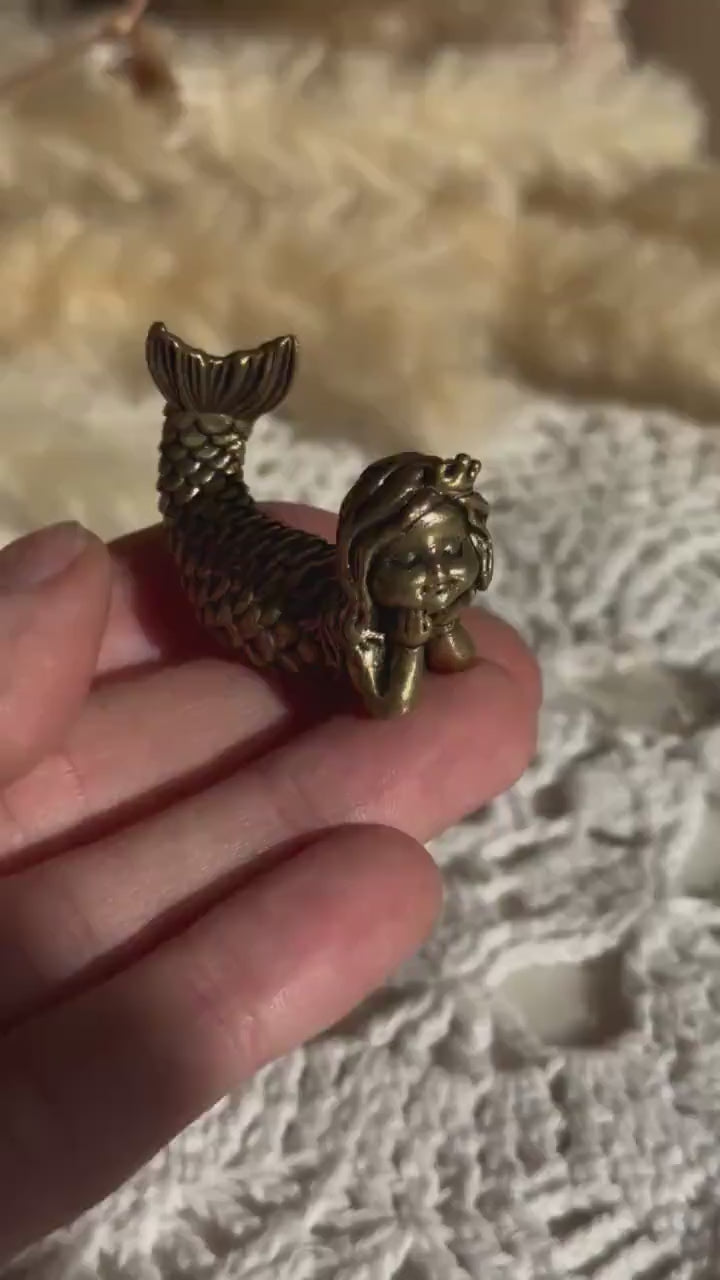 Dreaming Mermaid Solid brass Figurine, Fairy Garden Miniature Lovely Little Mermaid Figurine Desktop or Shelf Decor
