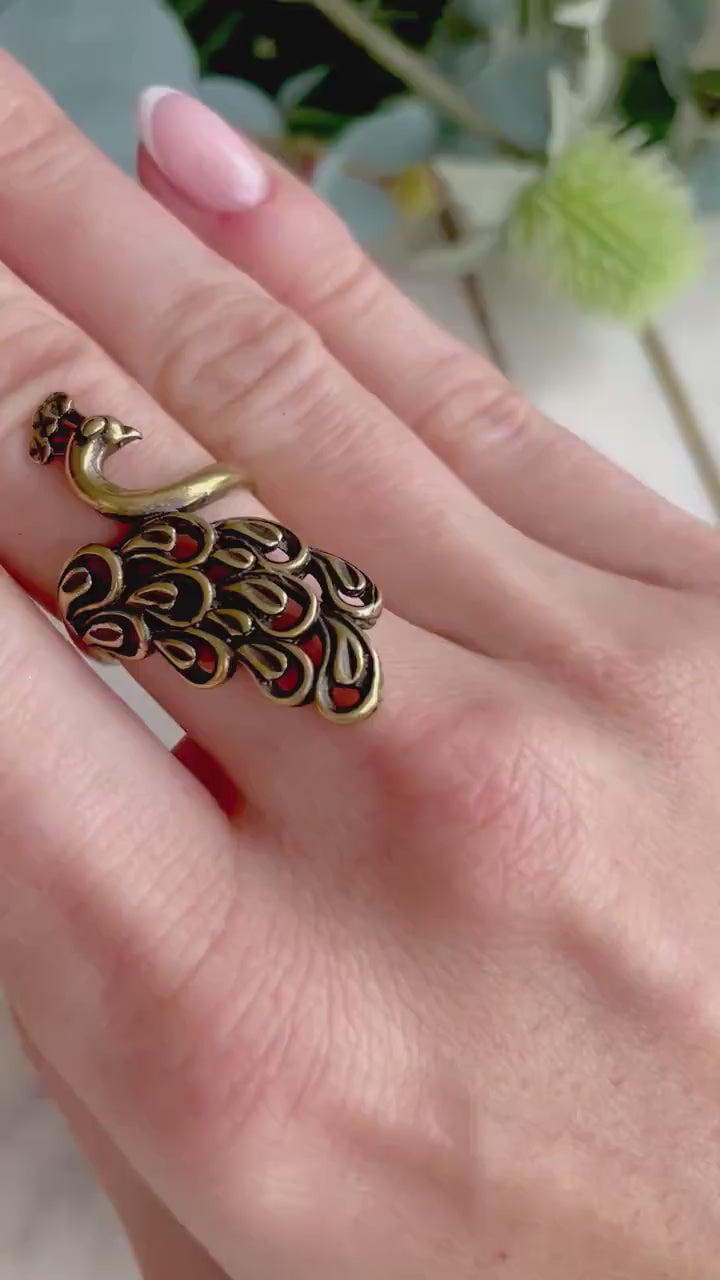 Solid Brass Bird of paradise adjustable Ring, Peacock ring, peacock’s tail jewellery