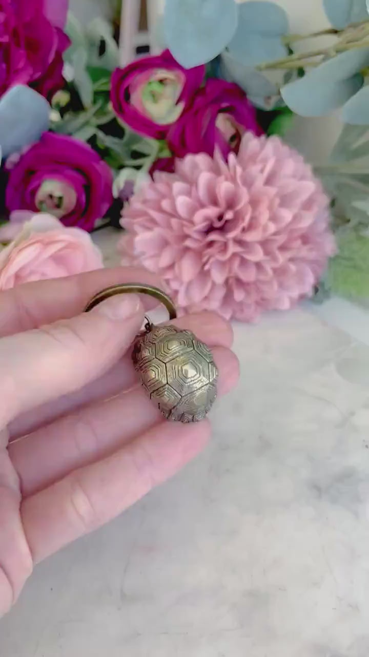 Brass tortoise shell keyring with a bell, solid brass turtle pendant, reptile figurine