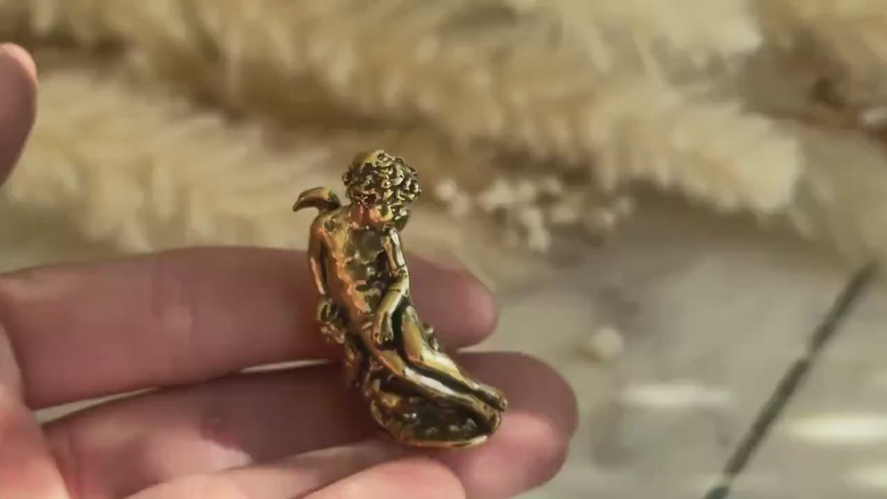 Miniature Brass Angel Figurine, Romantic Cherub Sitting on a Rock, Tiny Guardian Angel Statue, Home Decor