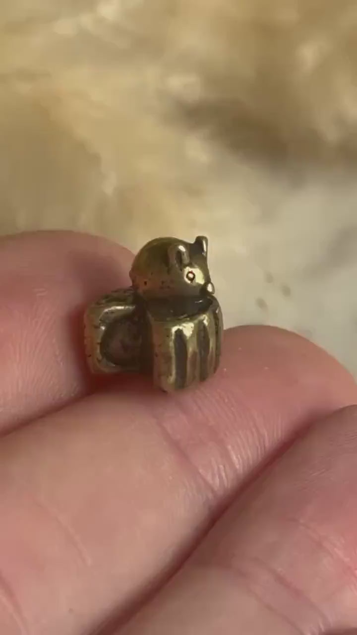 Miniature Brass Mouse with Cheese – Tiny Figurine of Mouse Holding Cheese Wheel – Good Luck Totem or Desk Decor