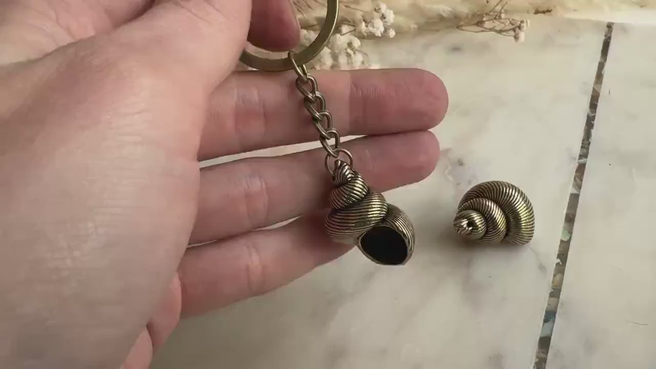 Solid Brass Spiral Seashell Charm or Nautical Keyring with Patina - Coastal Style Accessory, Sealover Collectible