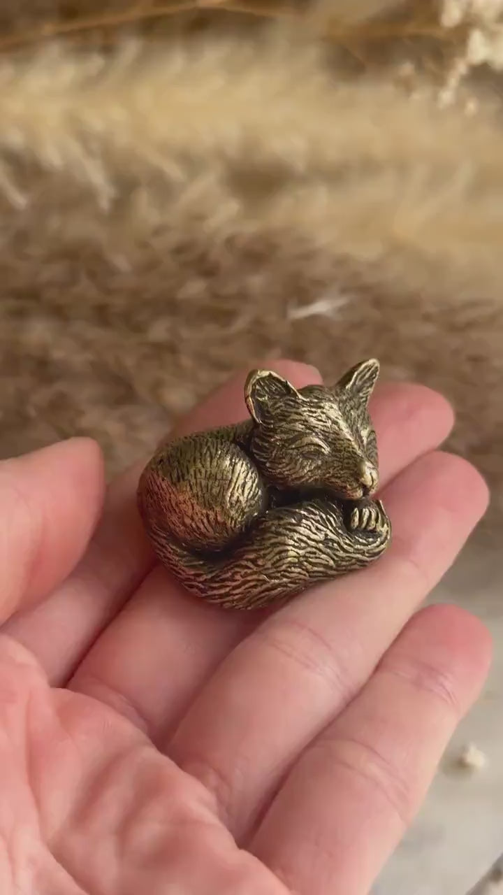 Snuggled fox figurine, solid brass fox miniature, Cuddly fox statuette, warm desktop decor, sleeping fox ornament, best gift for fox lovers