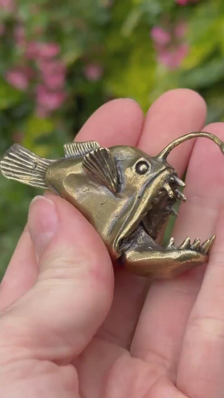 Forged Brass Anglerfish Miniature, Deep water fish Figurine Solid Copper Nautical Deep Sea Fish Figure, Art Marine Life Animal
