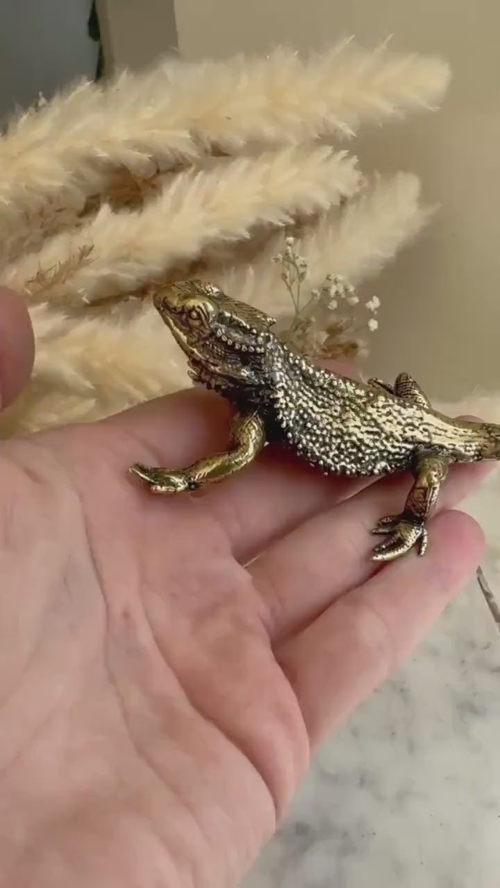 Fine lifelike Brass Bearded dragon Miniature, dragon sculpture, lizard figurine, solid brass figurine, Iguana ornament, metal reptile