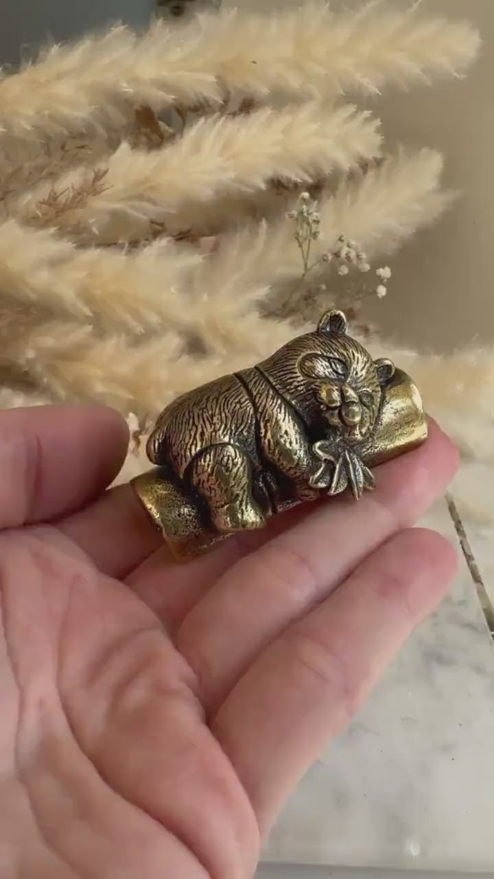 Endearing Baby Panda figurine, Solid brass sleeping panda miniature, Panda with Bamboo sculpture, panda paperweight, Small but heavy panda