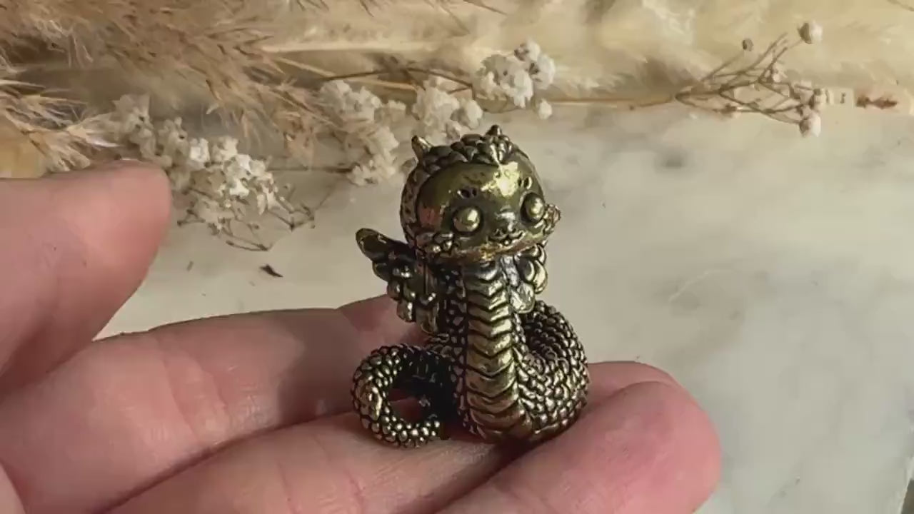Miniature Brass Winged Dragon Snake Figurine – Whimsical Mythical Creature with Curled Tail and Scaled Detail