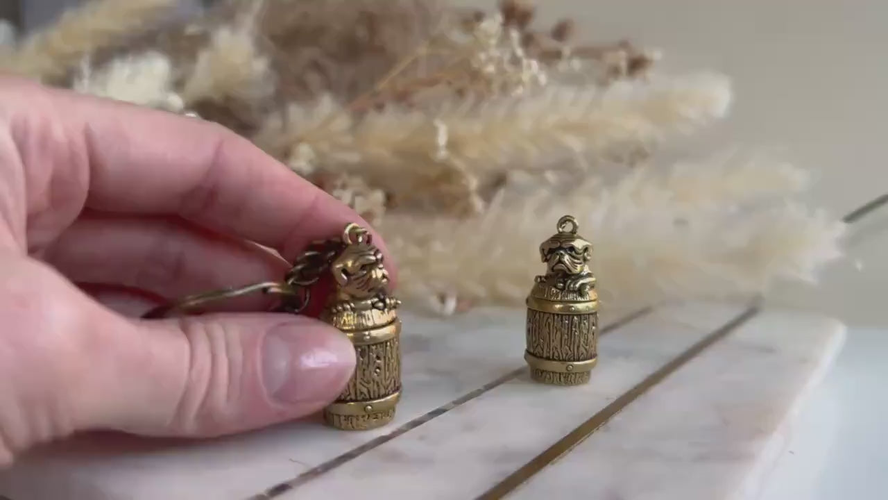 Secret Brass Pill Box Keychain – Bulldog on Barrel Hideaway