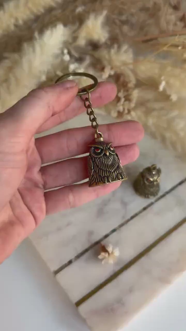Brass Owl Keychain Bell with Red Eyes – Solid Metal Good Luck Charm