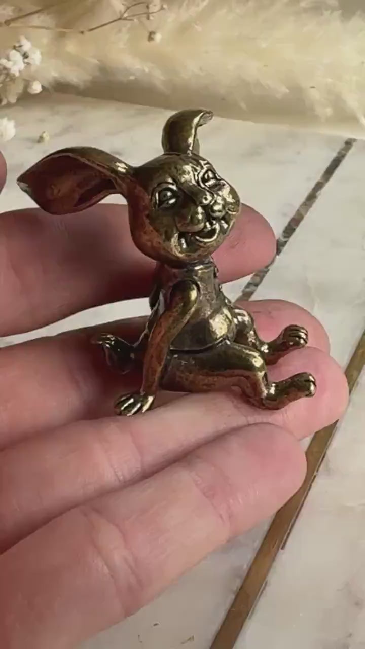 Solid Brass Bunny Figurine – Whimsical Rabbit Statue with Wide Smile and Floppy Ears – Playful Decor