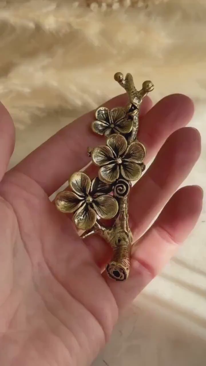 Solid brass Blossoming Cherry Pen Holder, Sakura ornaments, Flowers on a bench fountain pen rest, blossoming fruit tree figurine